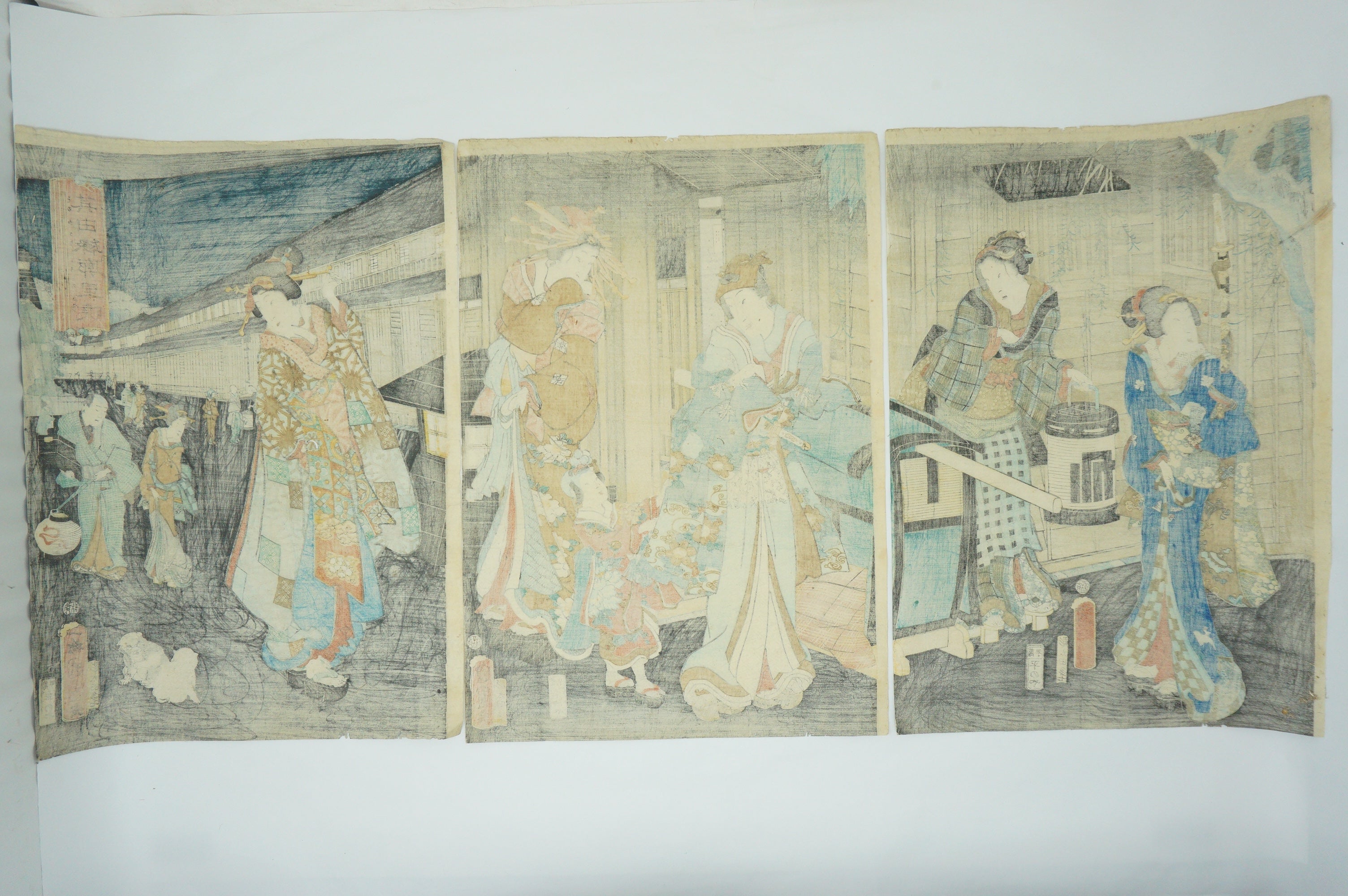 Japanischer Holzschnitt 1863 Original Triptychon von Toyohara Kunichika -Der Yoshiwara Bezirk- 0912E1