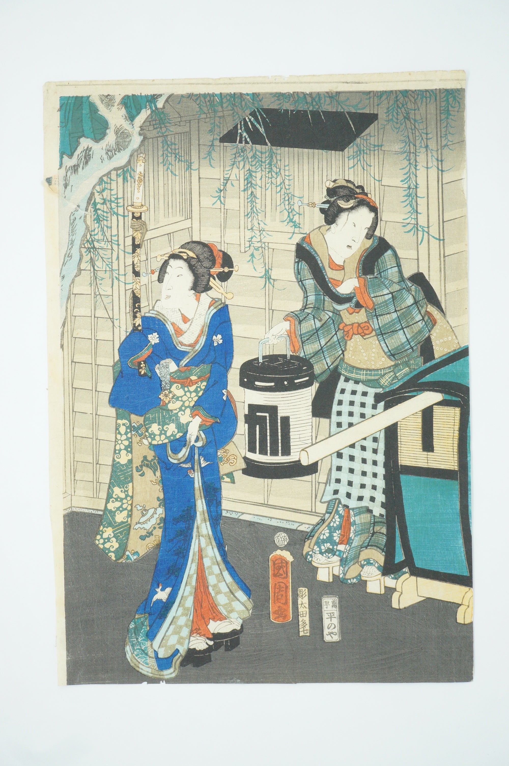 Japanischer Holzschnitt 1863 Original Triptychon von Toyohara Kunichika -Der Yoshiwara Bezirk- 0912E1