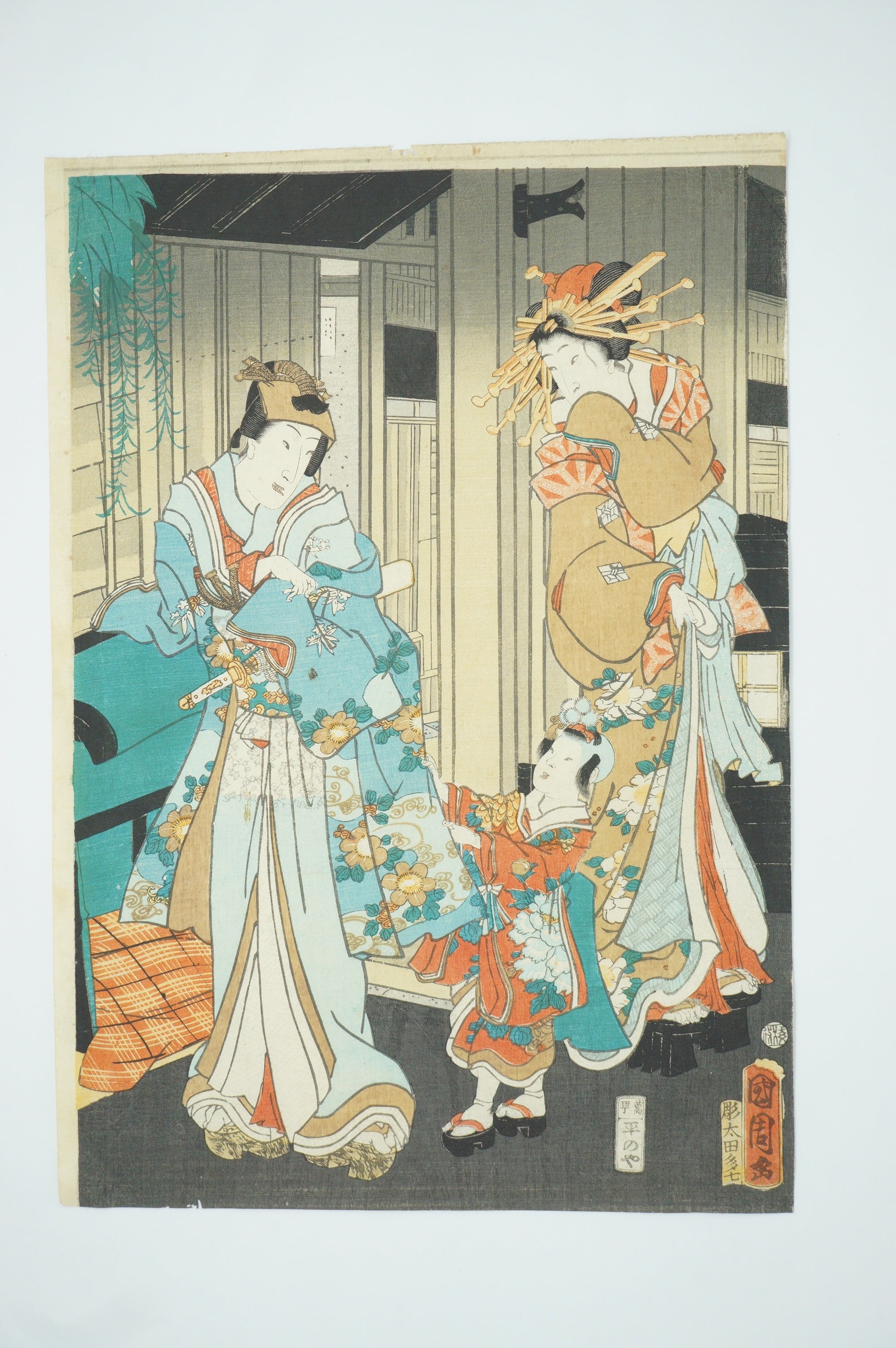 Japanischer Holzschnitt 1863 Original Triptychon von Toyohara Kunichika -Der Yoshiwara Bezirk- 0912E1