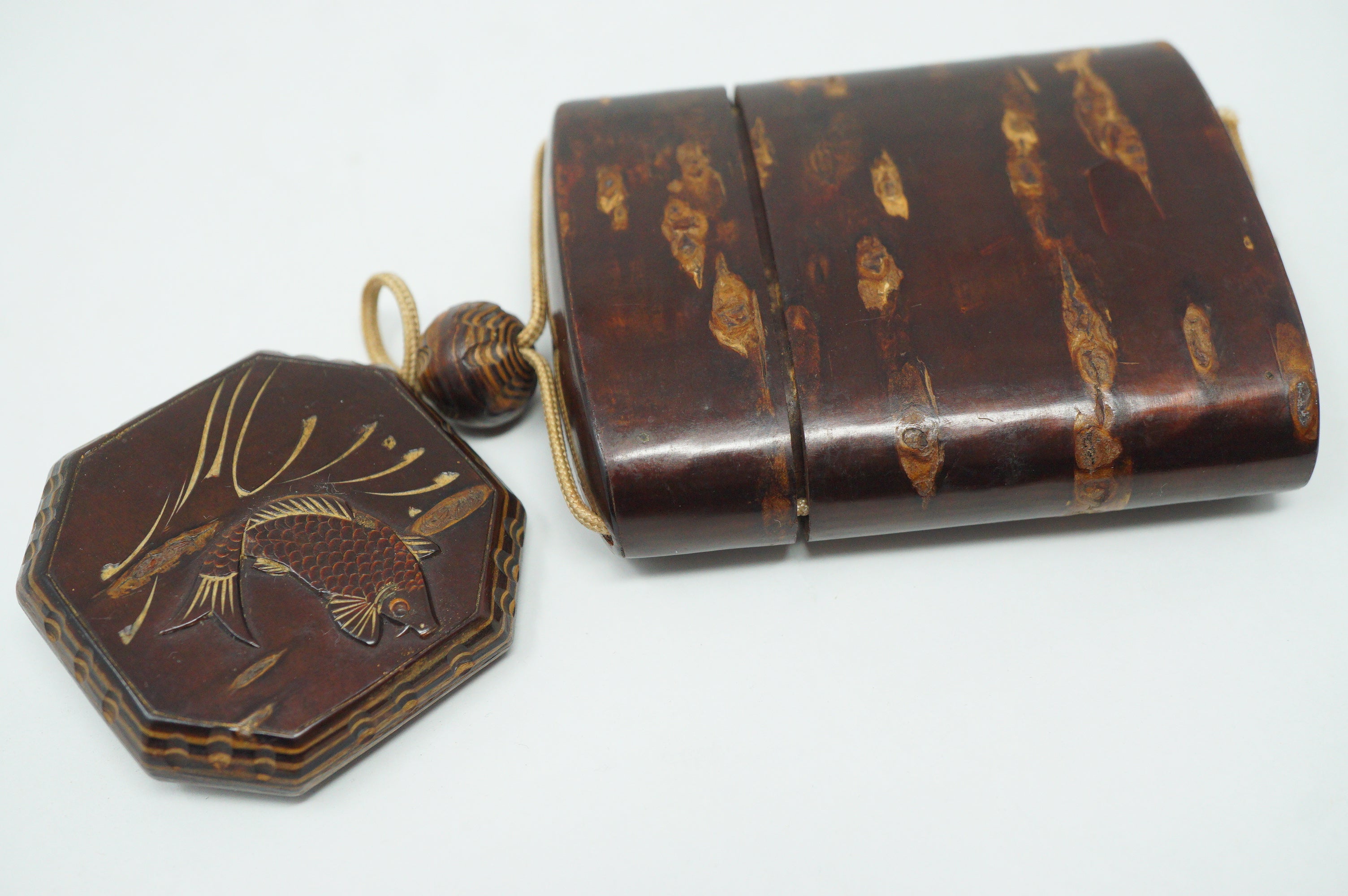 Japanese Vintage Cherry Wood Inro Netsuke & Wooden Ojime Sagemono from Japan 0331G1