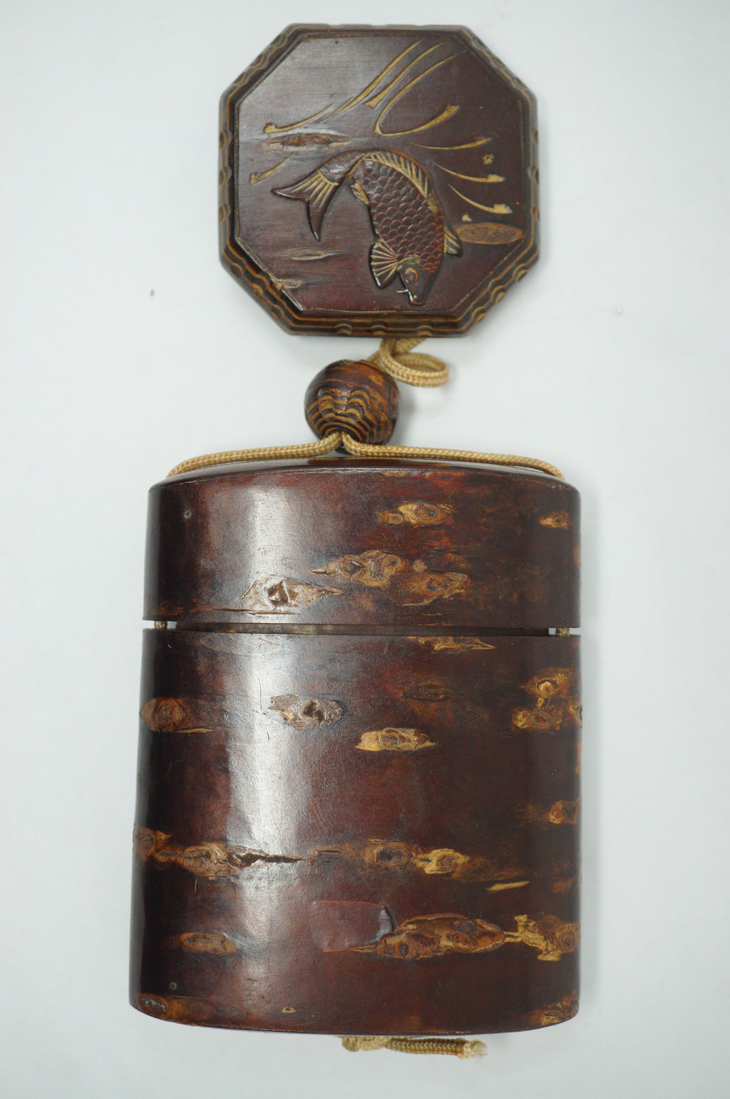 Japanese Vintage Cherry Wood Inro Netsuke & Wooden Ojime Sagemono from Japan 0331G1