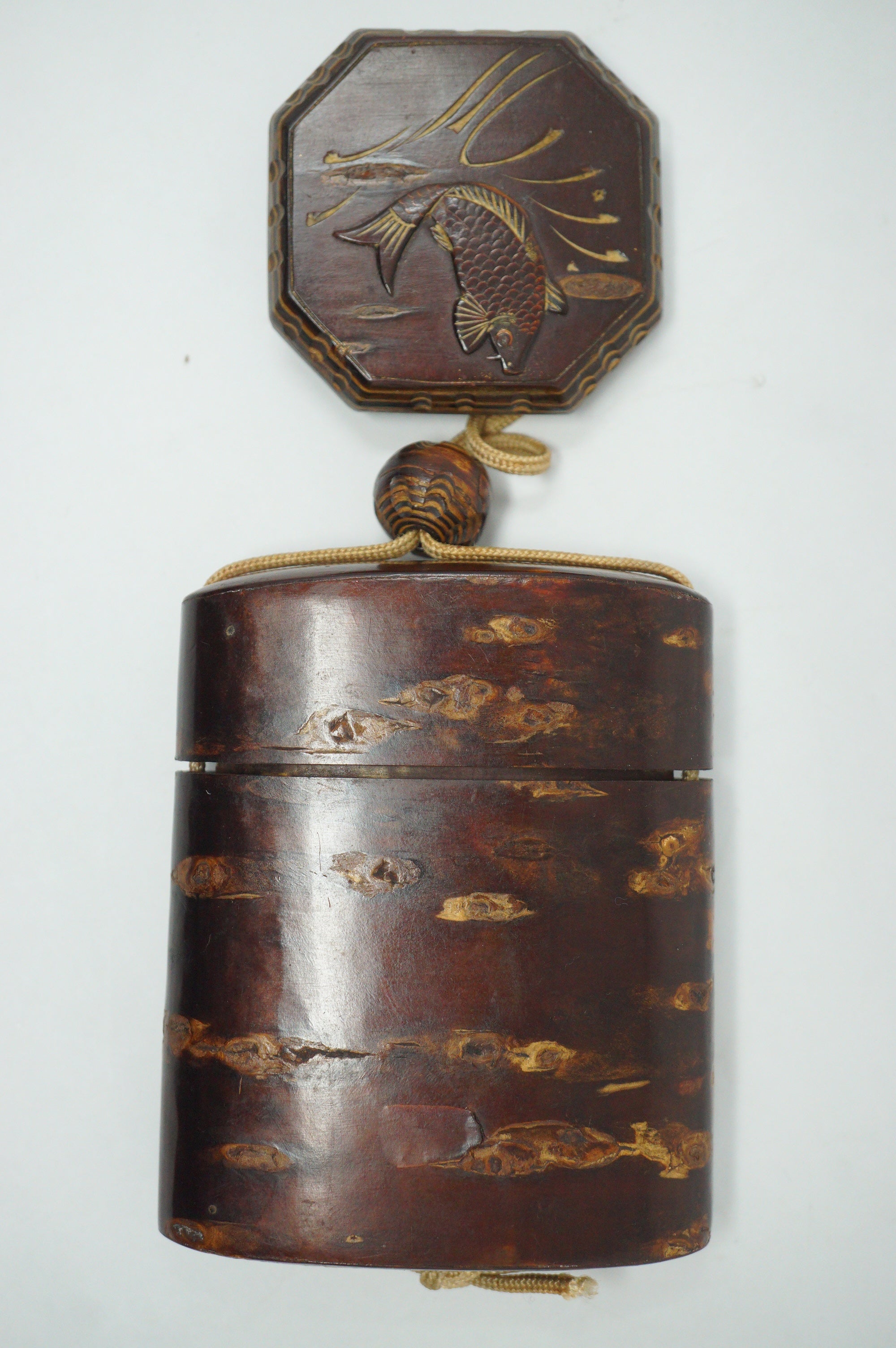 Japanese Vintage Cherry Wood Inro Netsuke & Wooden Ojime Sagemono from Japan 0331G1