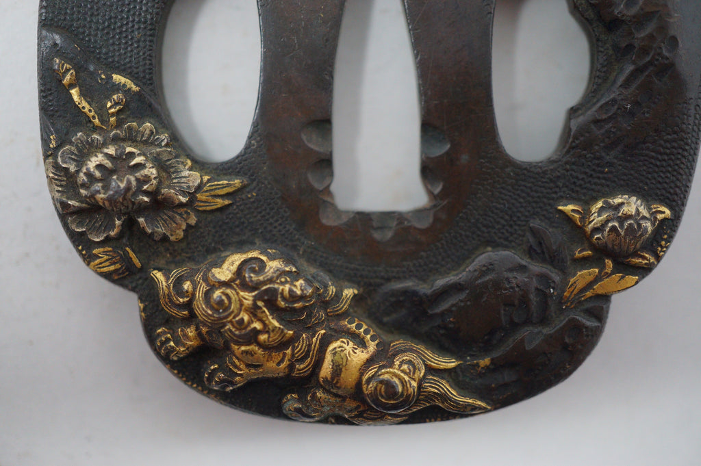 Japanese Copper Tsuba Sword Guard for Wakizashi Swords Original with Shishi Lion-Dog Design 0901F20