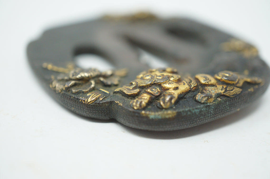 Japanese Copper Tsuba Sword Guard for Wakizashi Swords Original with Shishi Lion-Dog Design 0901F20