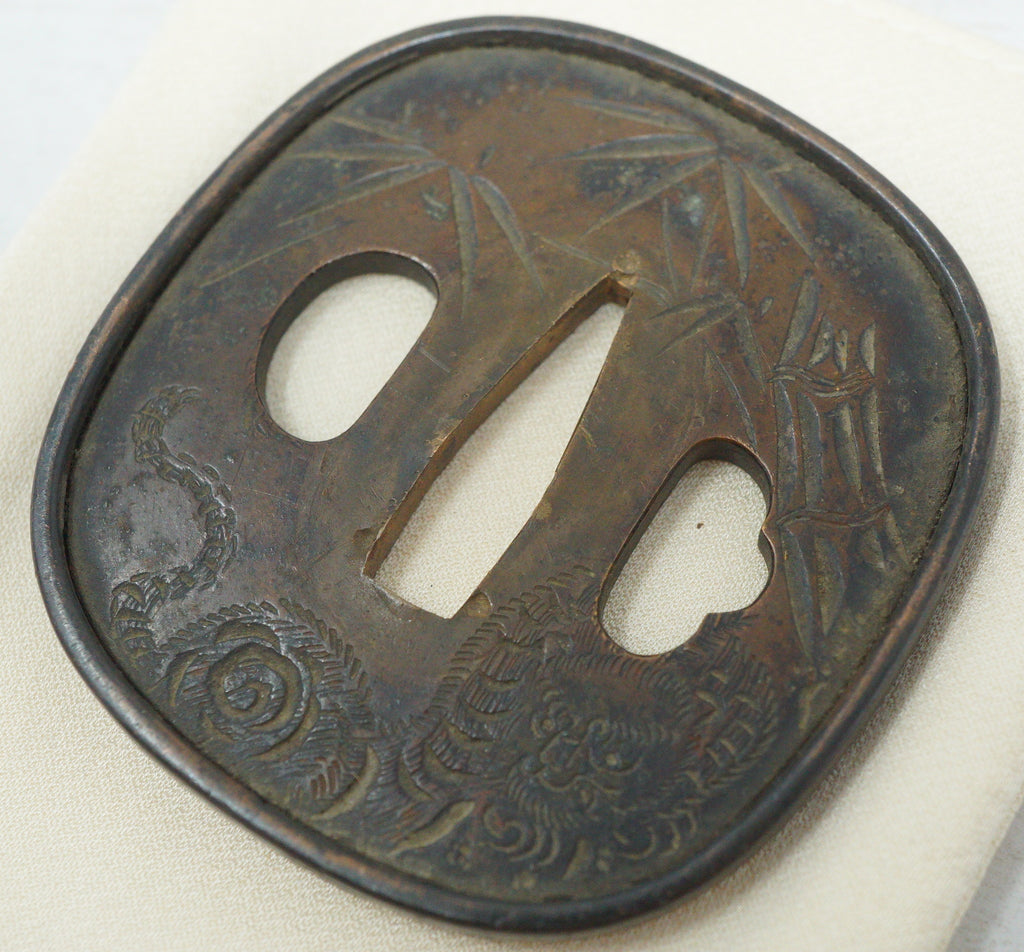 Authentic Copper Tsuba Sword Guard Tiger & Bamboo Motif for Wakizashi or Katana 0703G23