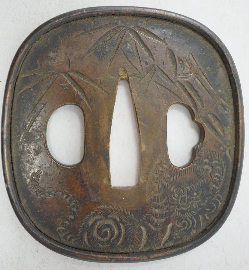Authentic Copper Tsuba Sword Guard Tiger & Bamboo Motif for Wakizashi or Katana 0703G23