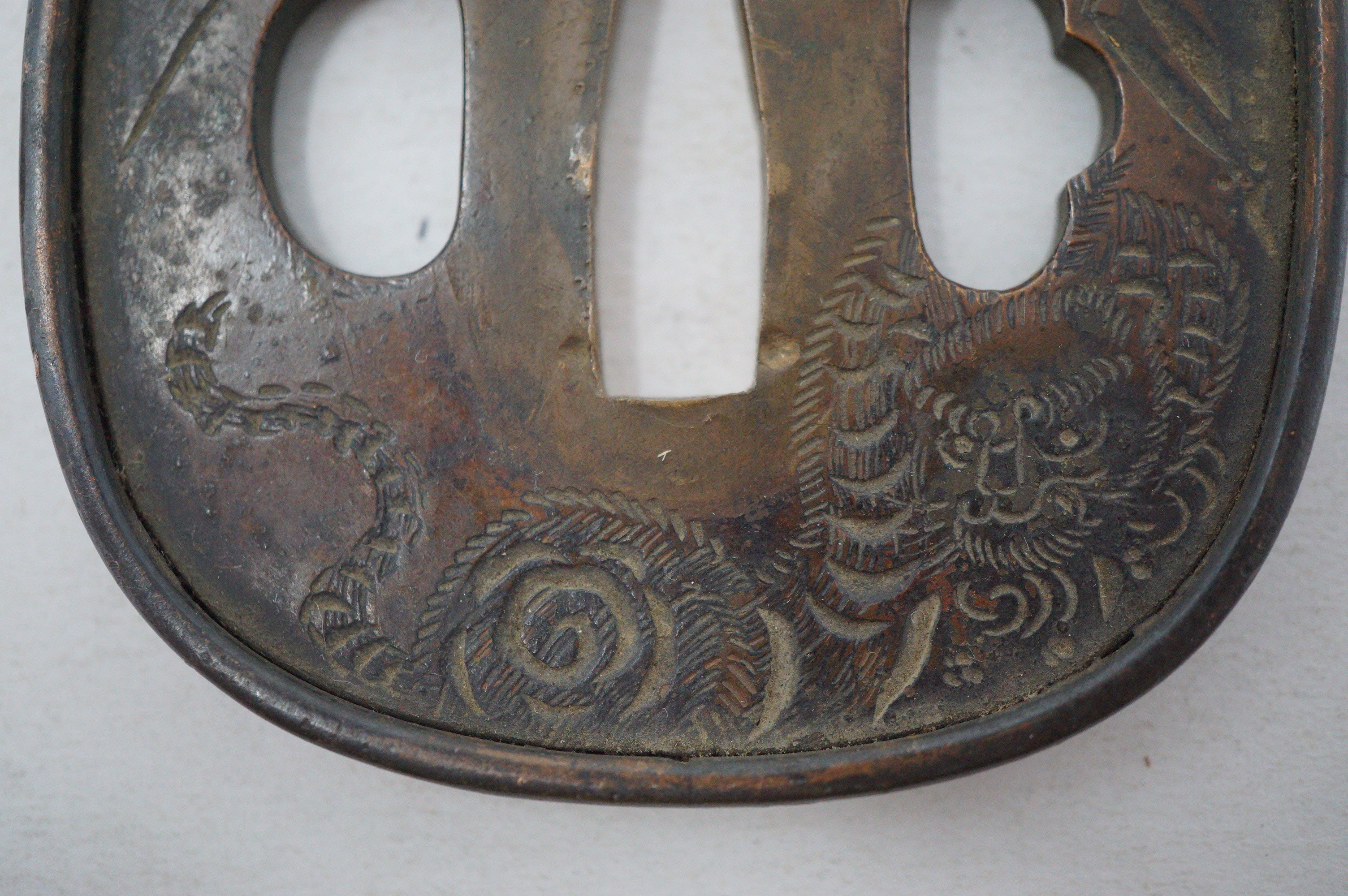 Authentic Copper Tsuba Sword Guard Tiger & Bamboo Motif for Wakizashi or Katana 0703G23