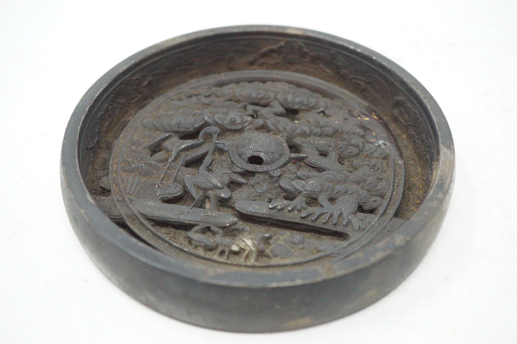 Japanese Edo Bronze Kagami Mirror with Tortoise & Crane Design Original from Japan 1030D23