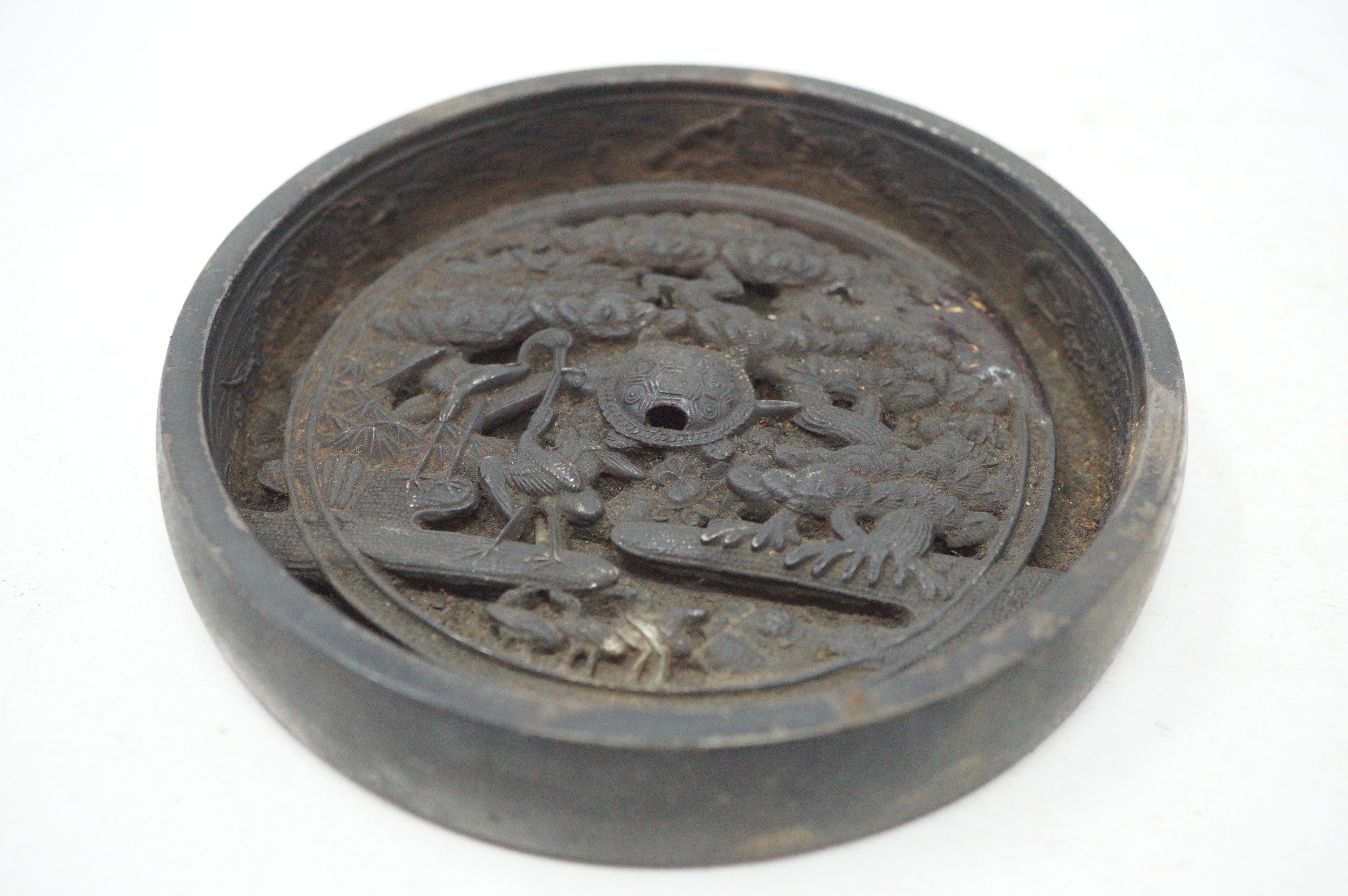 Japanese Edo Bronze Kagami Mirror with Tortoise & Crane Design Original from Japan 1030D23