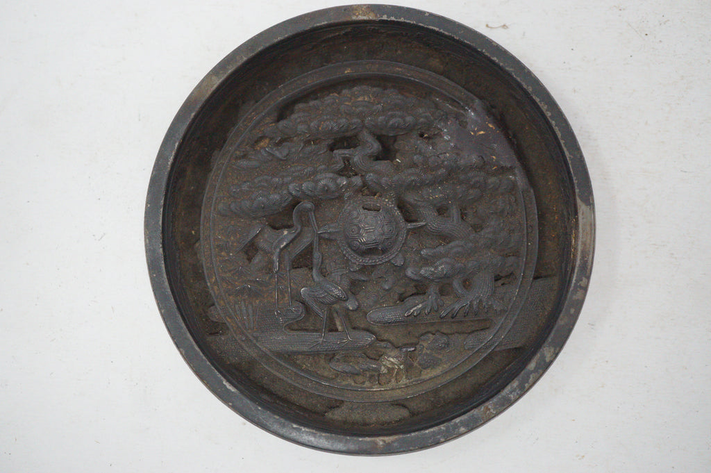 Japanese Edo Bronze Kagami Mirror with Tortoise & Crane Design Original from Japan 1030D23