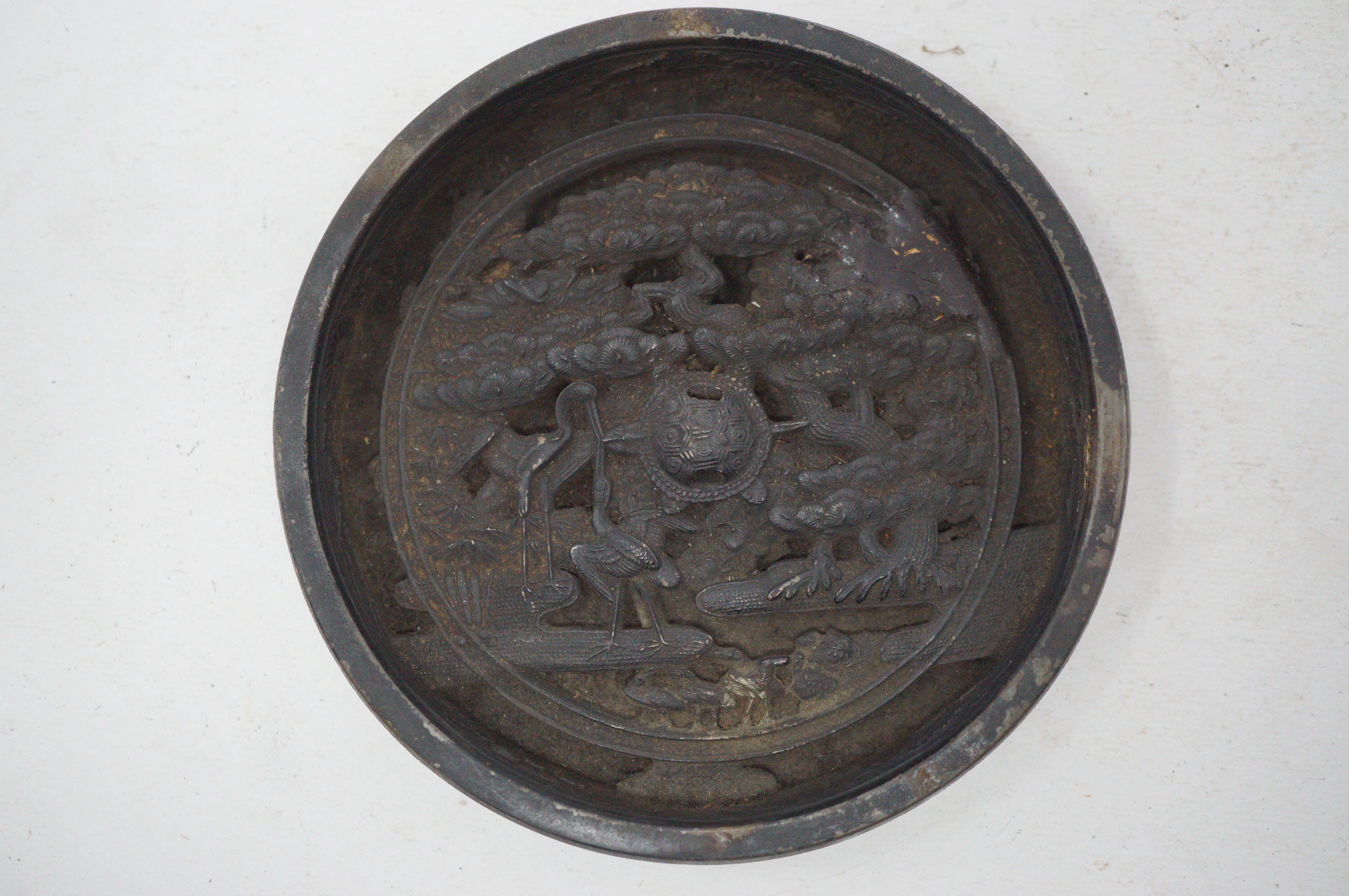 Japanese Edo Bronze Kagami Mirror with Tortoise & Crane Design Original from Japan 1030D23