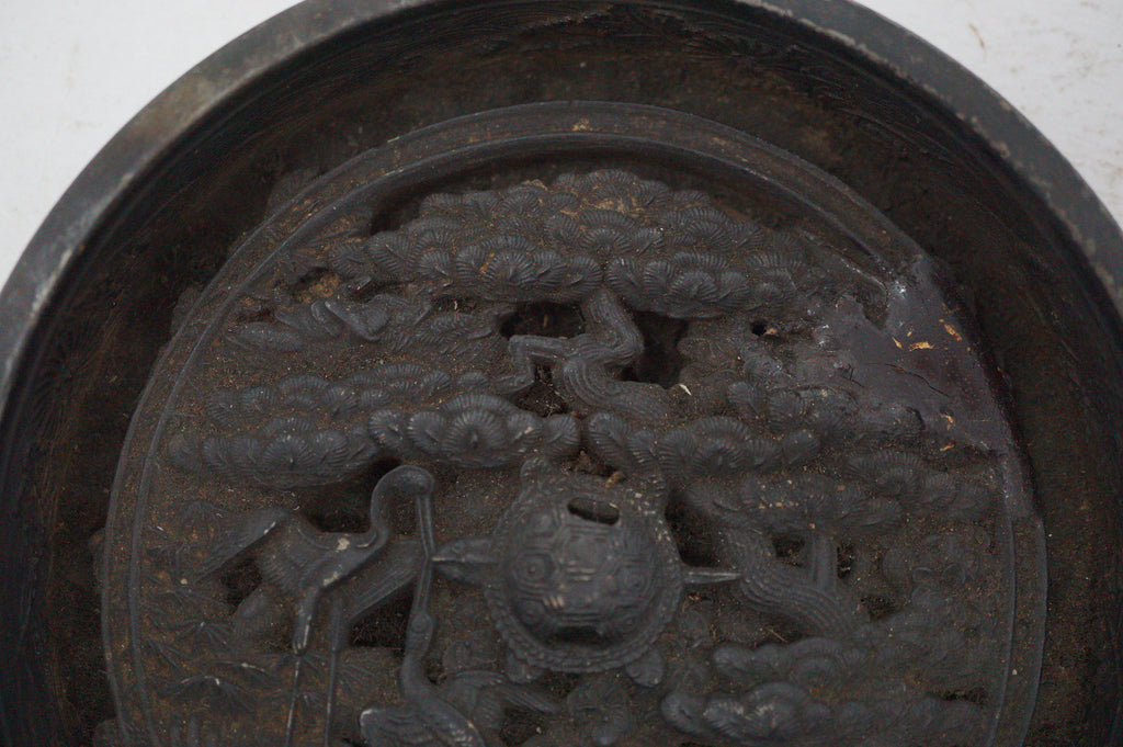 Japanese Edo Bronze Kagami Mirror with Tortoise & Crane Design Original from Japan 1030D23