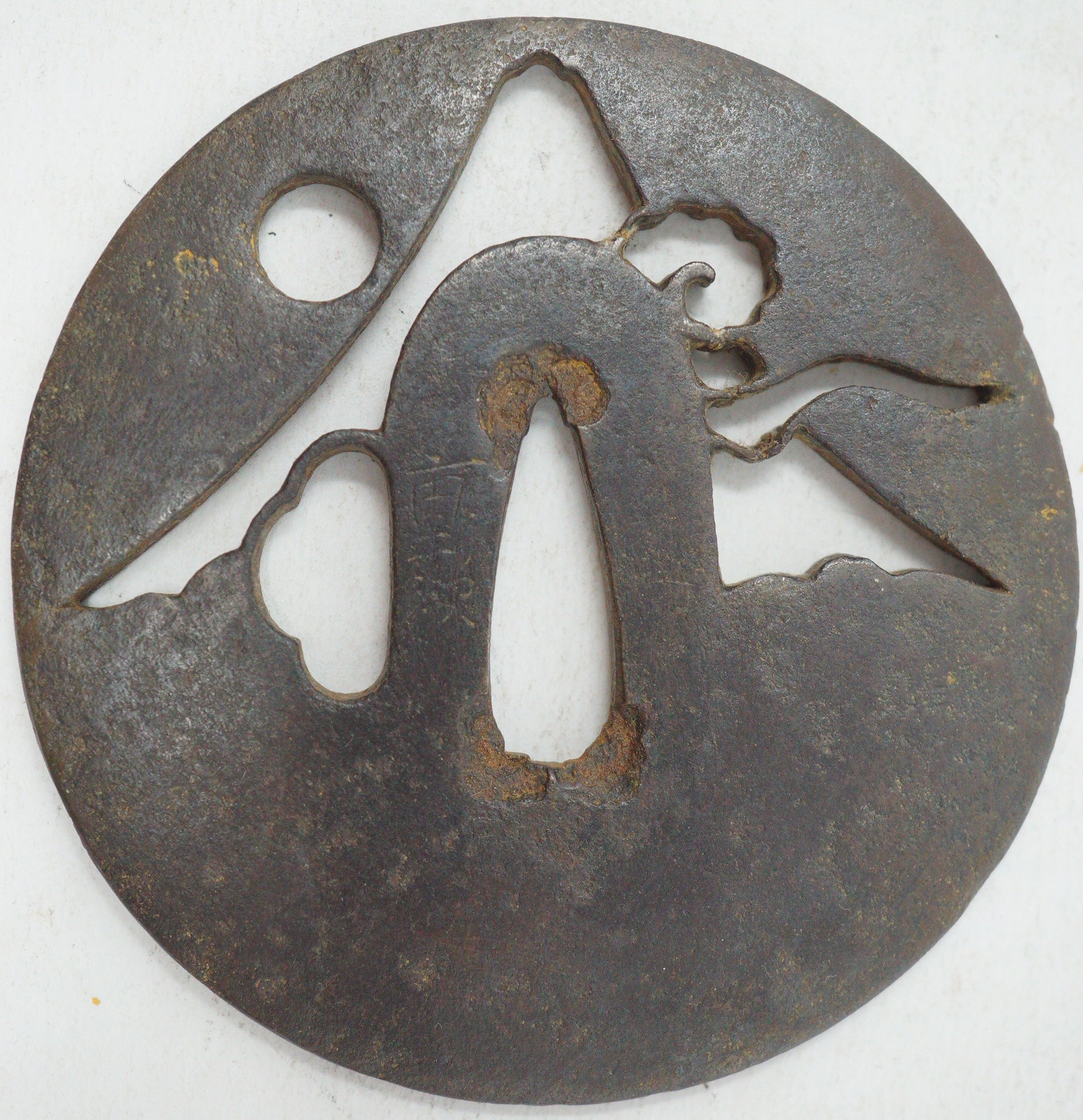 Authentic Iron Sukashi Tsuba Sword Guard Mount Fuji & Moon Landscape Motif Signed 0703G25