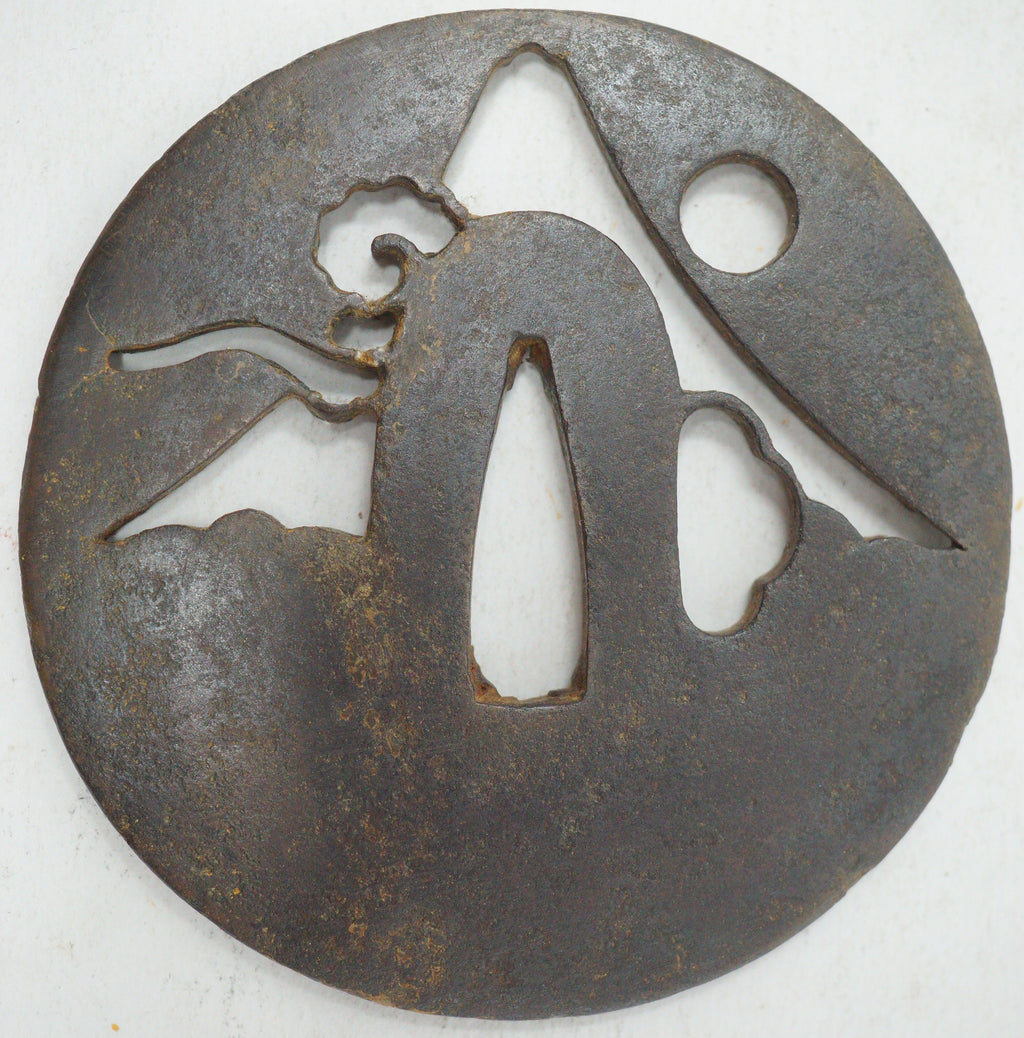 Authentic Iron Sukashi Tsuba Sword Guard Mount Fuji & Moon Landscape Motif Signed 0703G25