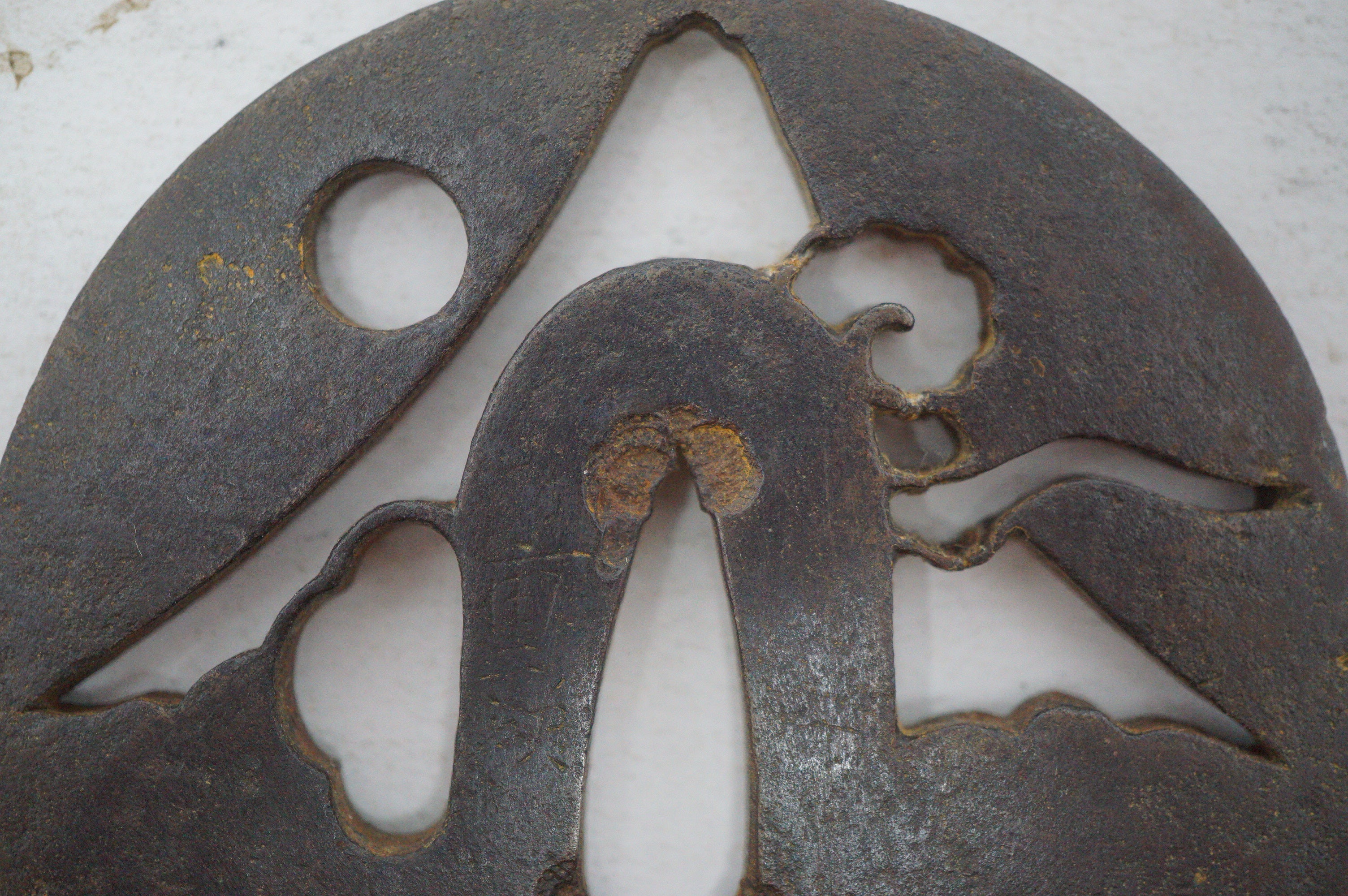 Authentic Iron Sukashi Tsuba Sword Guard Mount Fuji & Moon Landscape Motif Signed 0703G25