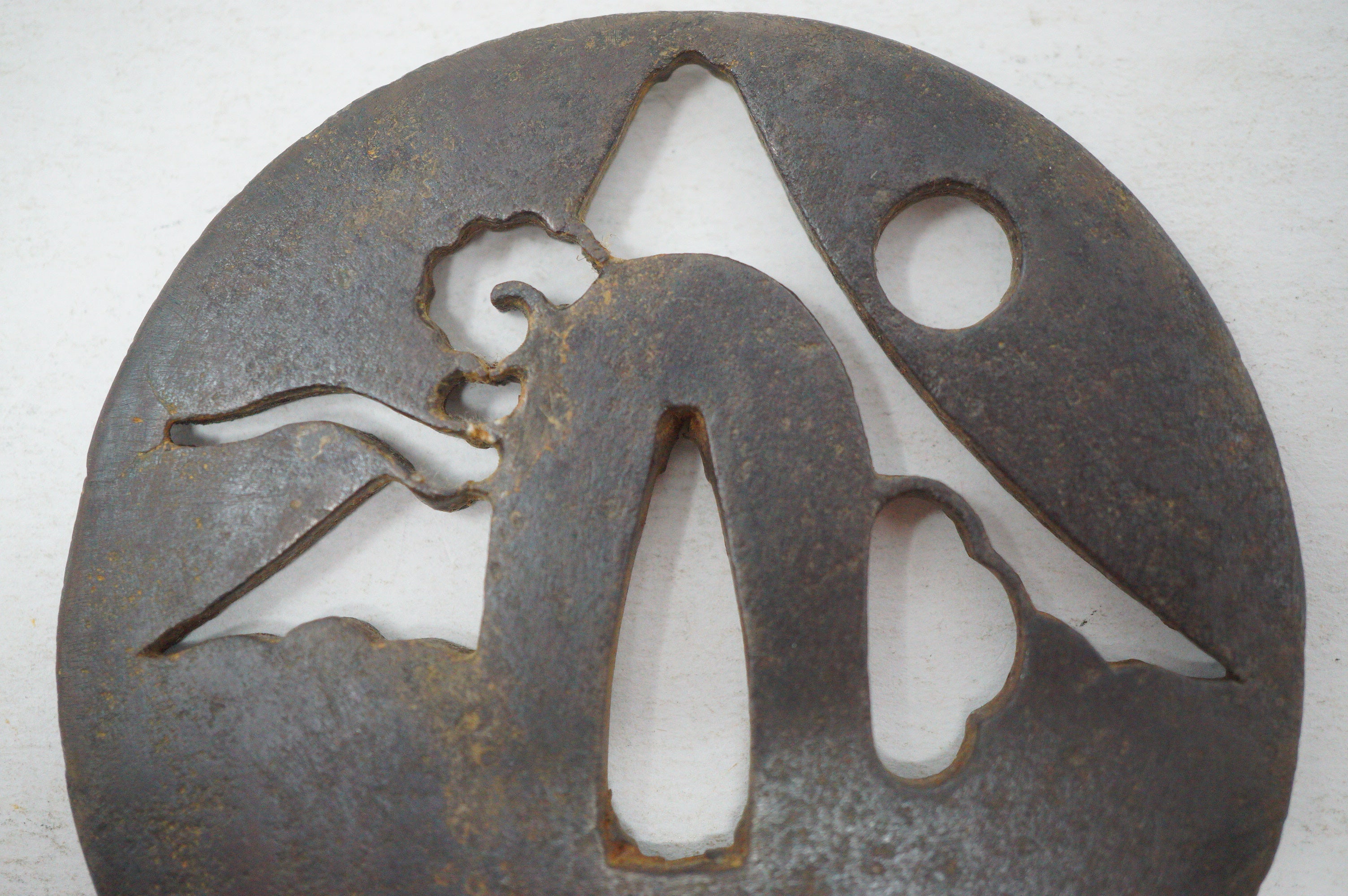 Authentic Iron Sukashi Tsuba Sword Guard Mount Fuji & Moon Landscape Motif Signed 0703G25