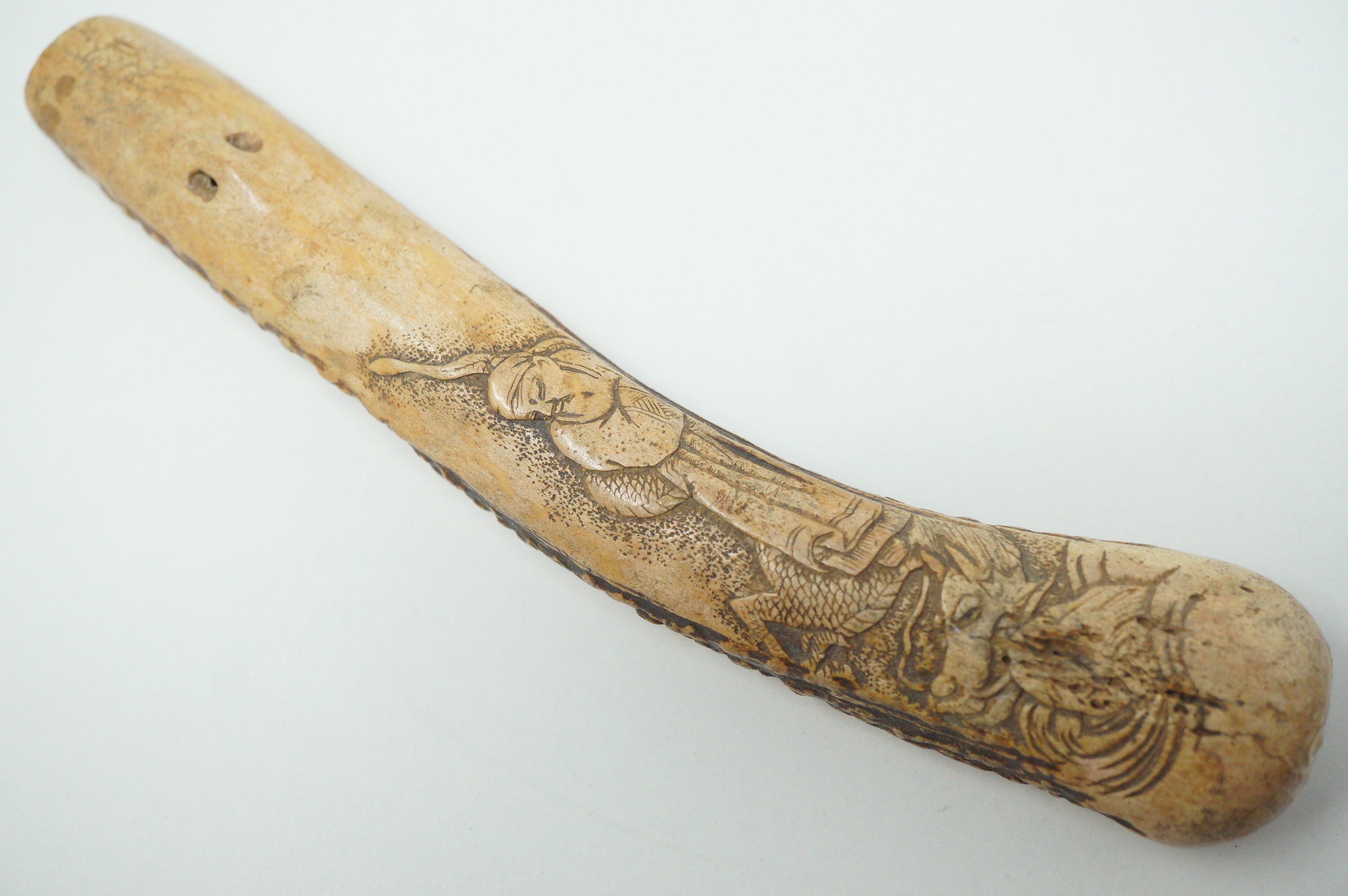 Japanischer Geweih Kiseru Pfeifenbehälter Drache &amp; Weiser Mann Antik Original 0618F25
