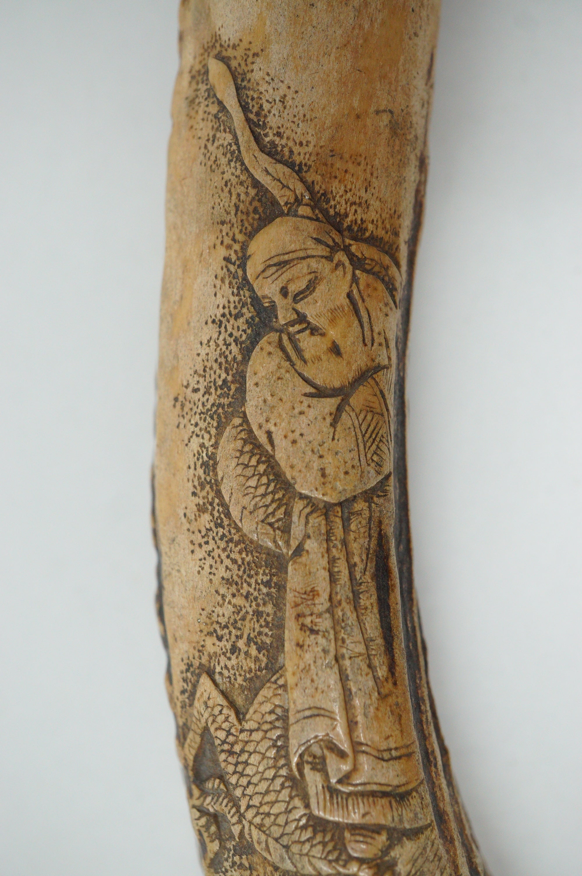 Japanischer Geweih Kiseru Pfeifenbehälter Drache &amp; Weiser Mann Antik Original 0618F25