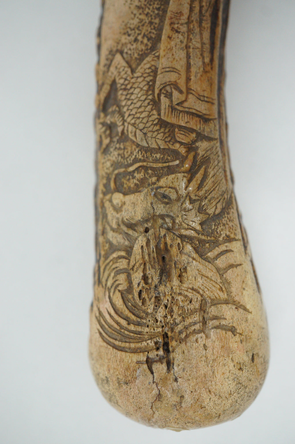 Japanischer Geweih Kiseru Pfeifenbehälter Drache &amp; Weiser Mann Antik Original 0618F25