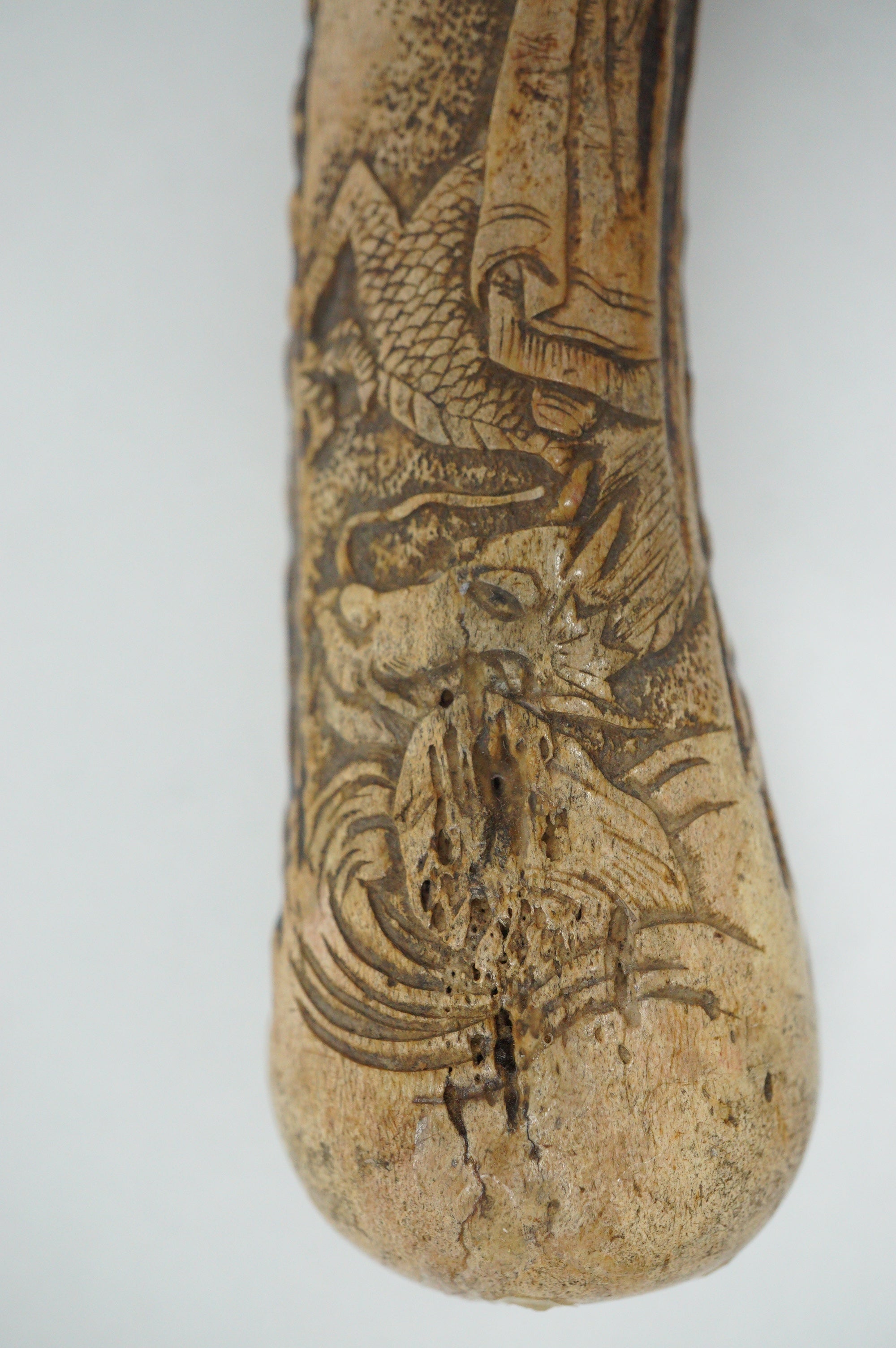 Japanischer Geweih Kiseru Pfeifenbehälter Drache &amp; Weiser Mann Antik Original 0618F25