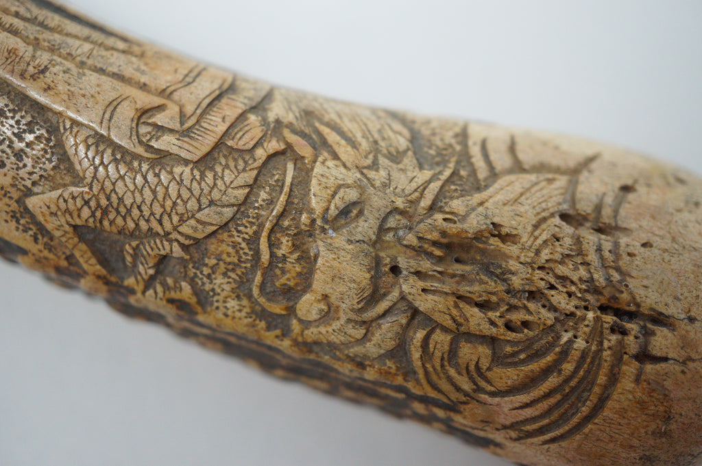 Japanischer Geweih Kiseru Pfeifenbehälter Drache &amp; Weiser Mann Antik Original 0618F25