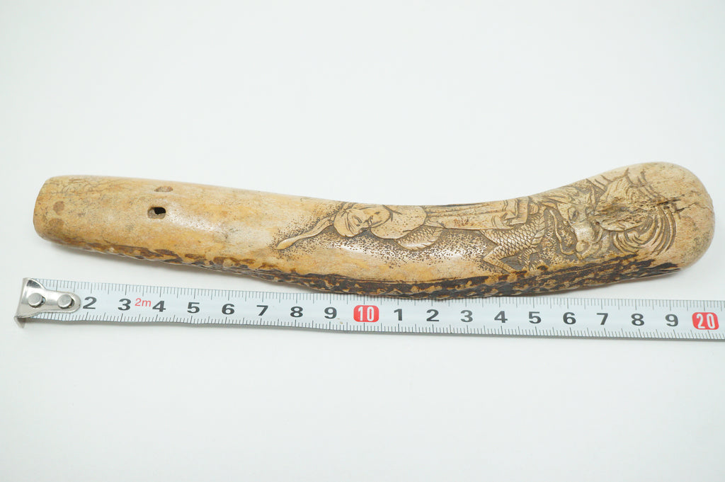 Japanischer Geweih Kiseru Pfeifenbehälter Drache &amp; Weiser Mann Antik Original 0618F25