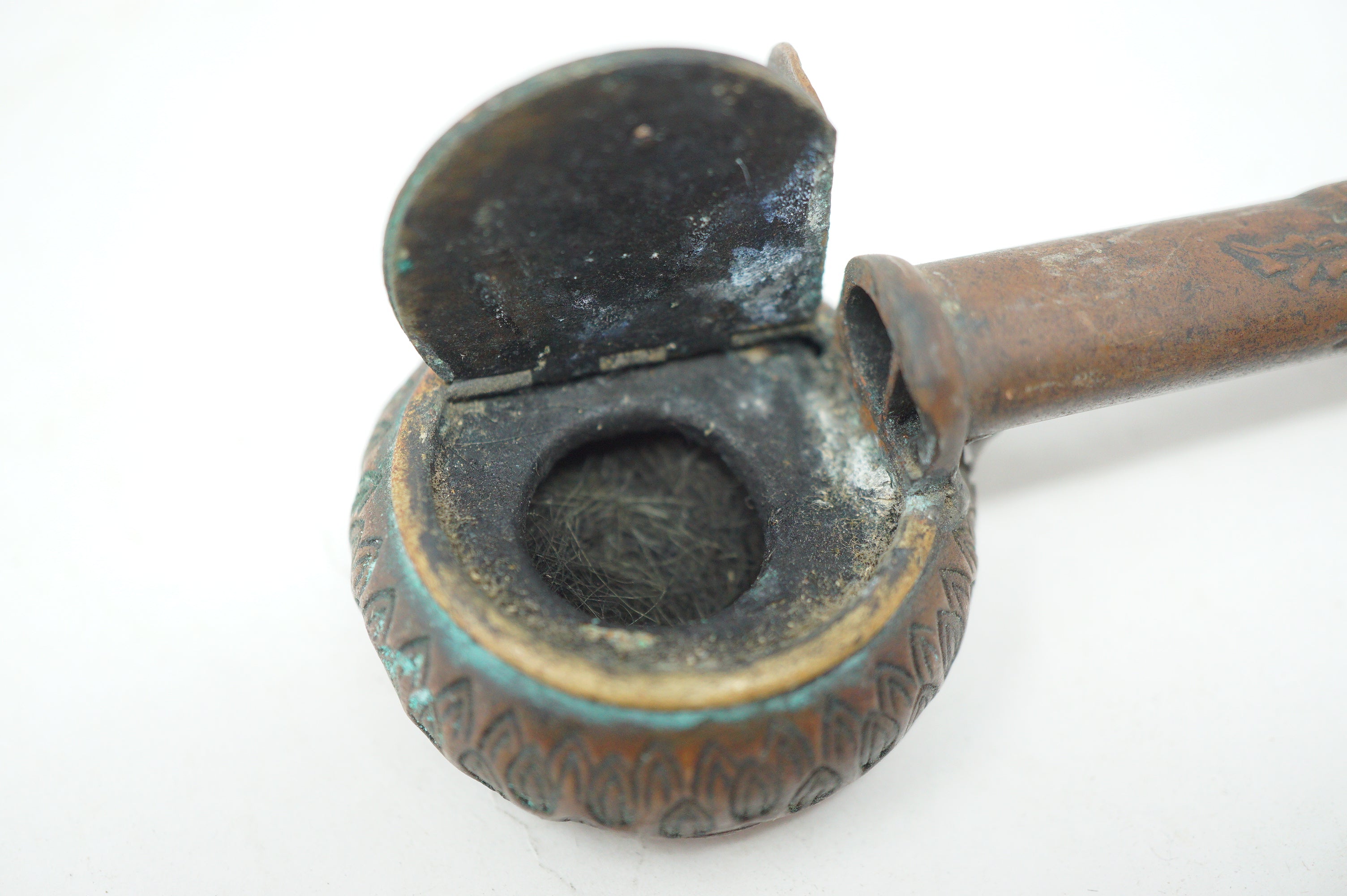 Japanese Portable Calligraphy Ink Container Antique Copper Yatate Flower Images 0601G26