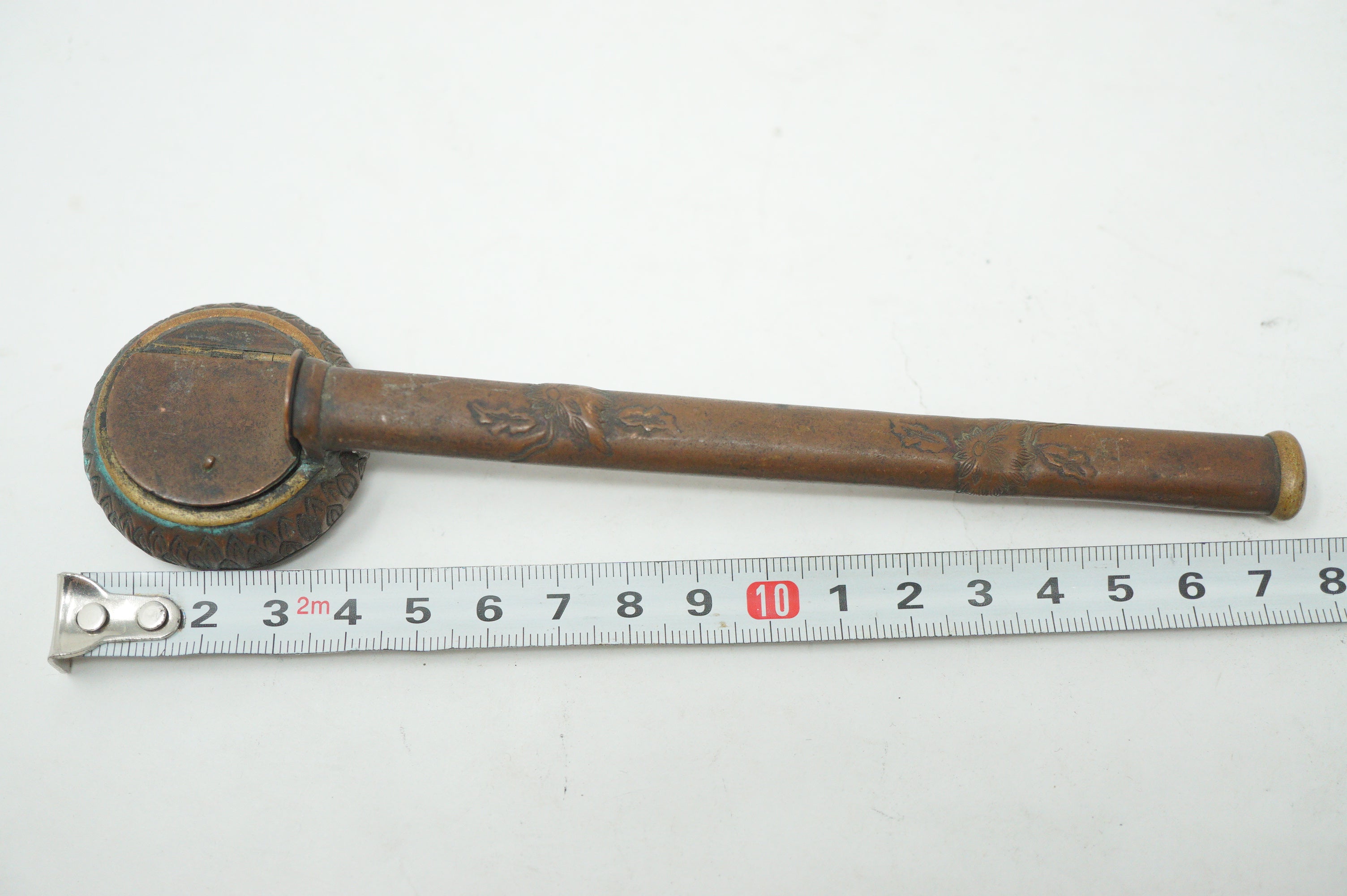 Japanese Portable Calligraphy Ink Container Antique Copper Yatate Flower Images 0601G26