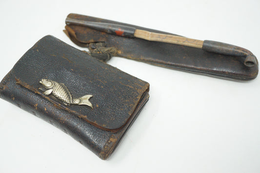 Japanese Antique Tobacco Ire Set "Karpfen" with Leather Pouch Set & Pipe fron Japan 0712D27