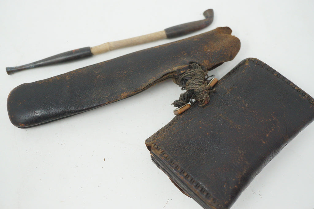 Japanese Antique Tobacco Ire Set "Karpfen" with Leather Pouch Set & Pipe fron Japan 0712D27