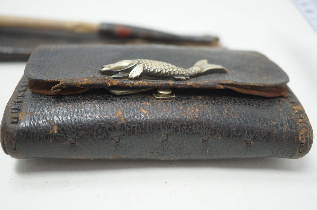 Japanese Antique Tobacco Ire Set "Karpfen" with Leather Pouch Set & Pipe fron Japan 0712D27