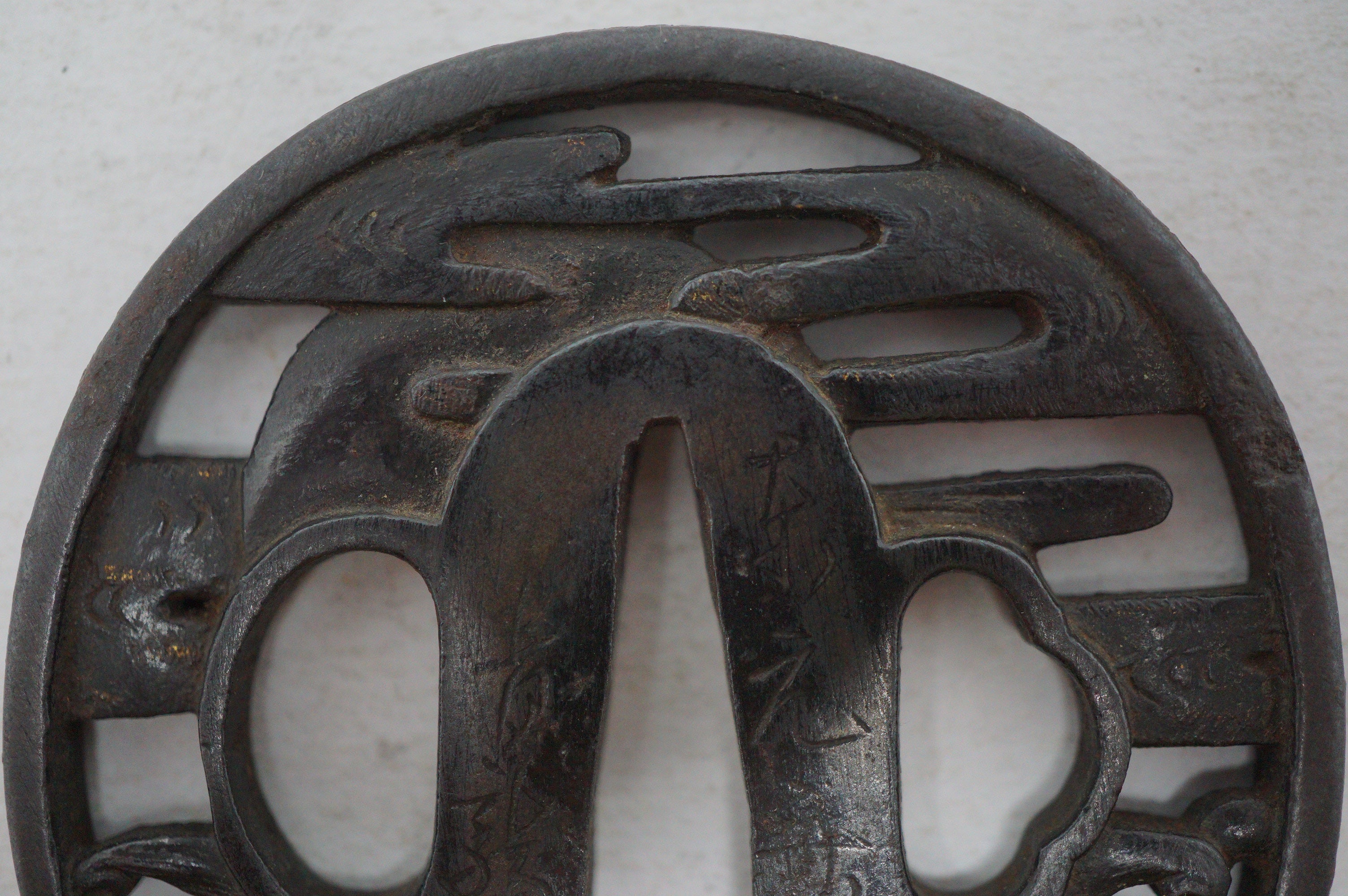 Authentic Iron Sukashi Tsuba Sword Guard Wave and Moon Motif Signed 0703G26