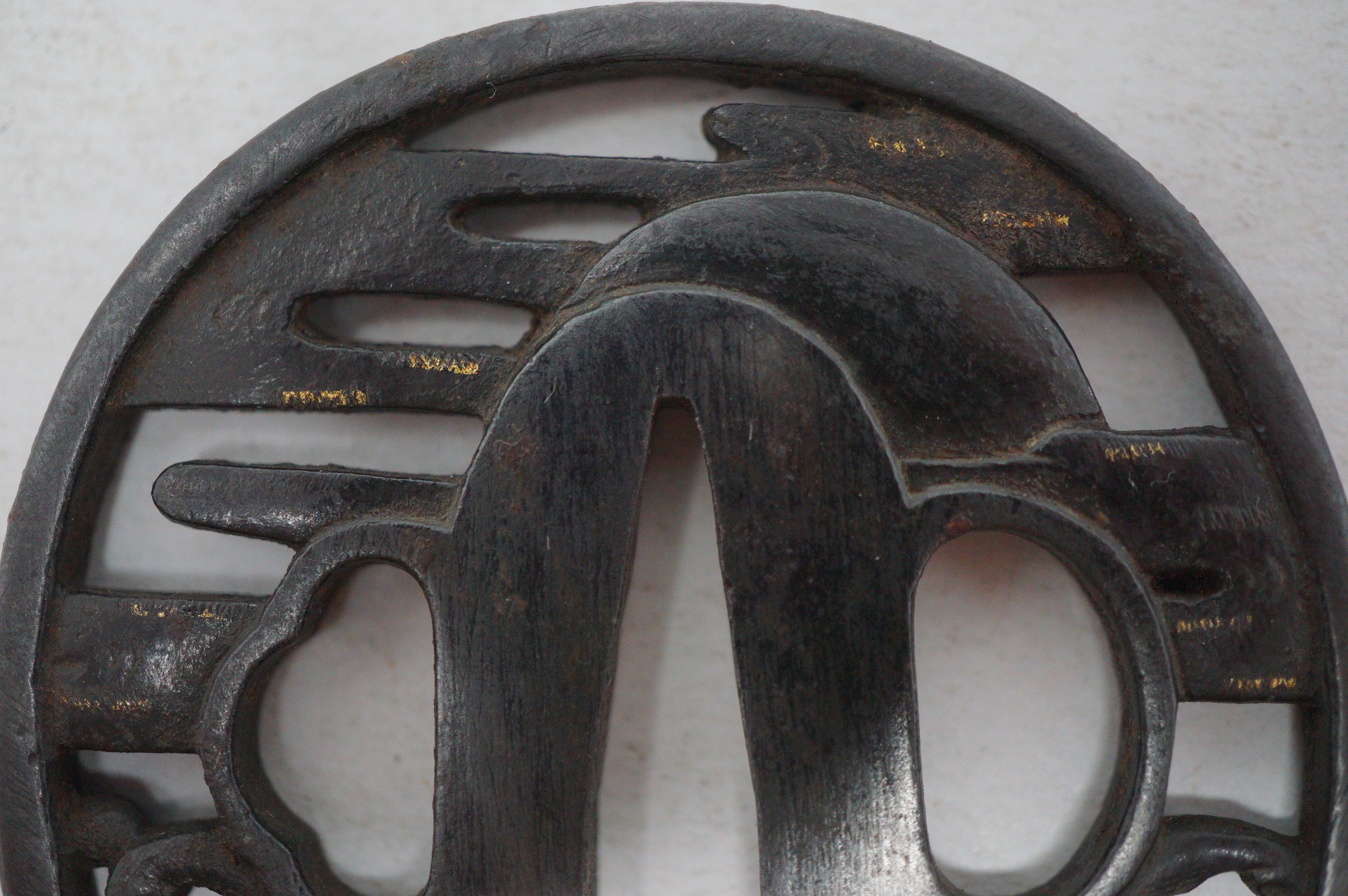 Authentic Iron Sukashi Tsuba Sword Guard Wave and Moon Motif Signed 0703G26