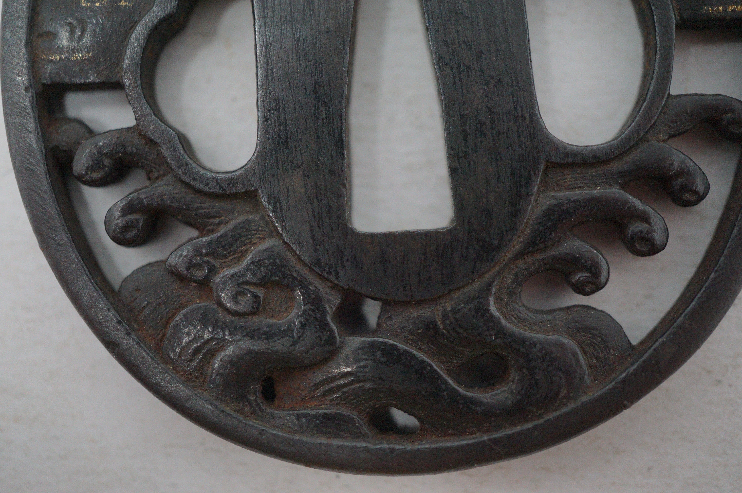 Authentic Iron Sukashi Tsuba Sword Guard Wave and Moon Motif Signed 0703G26