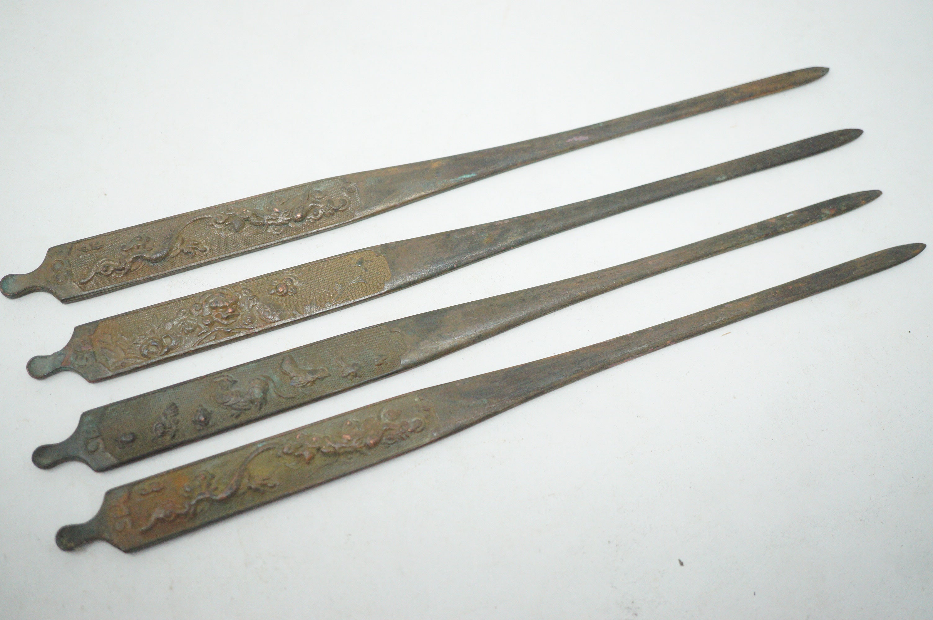 Antique Edo Period Copper Alloy Kōgai Set (4 Pcs) – Sword Fittings with Relief Motifs 0727G26