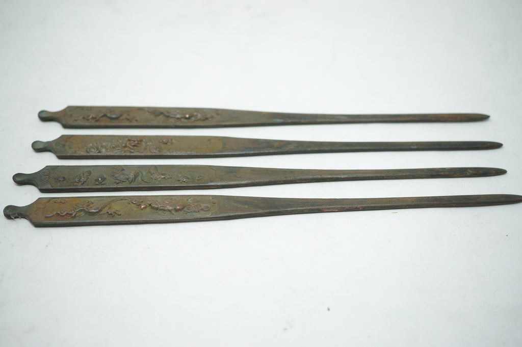 Antique Edo Period Copper Alloy Kōgai Set (4 Pcs) – Sword Fittings with Relief Motifs 0727G26