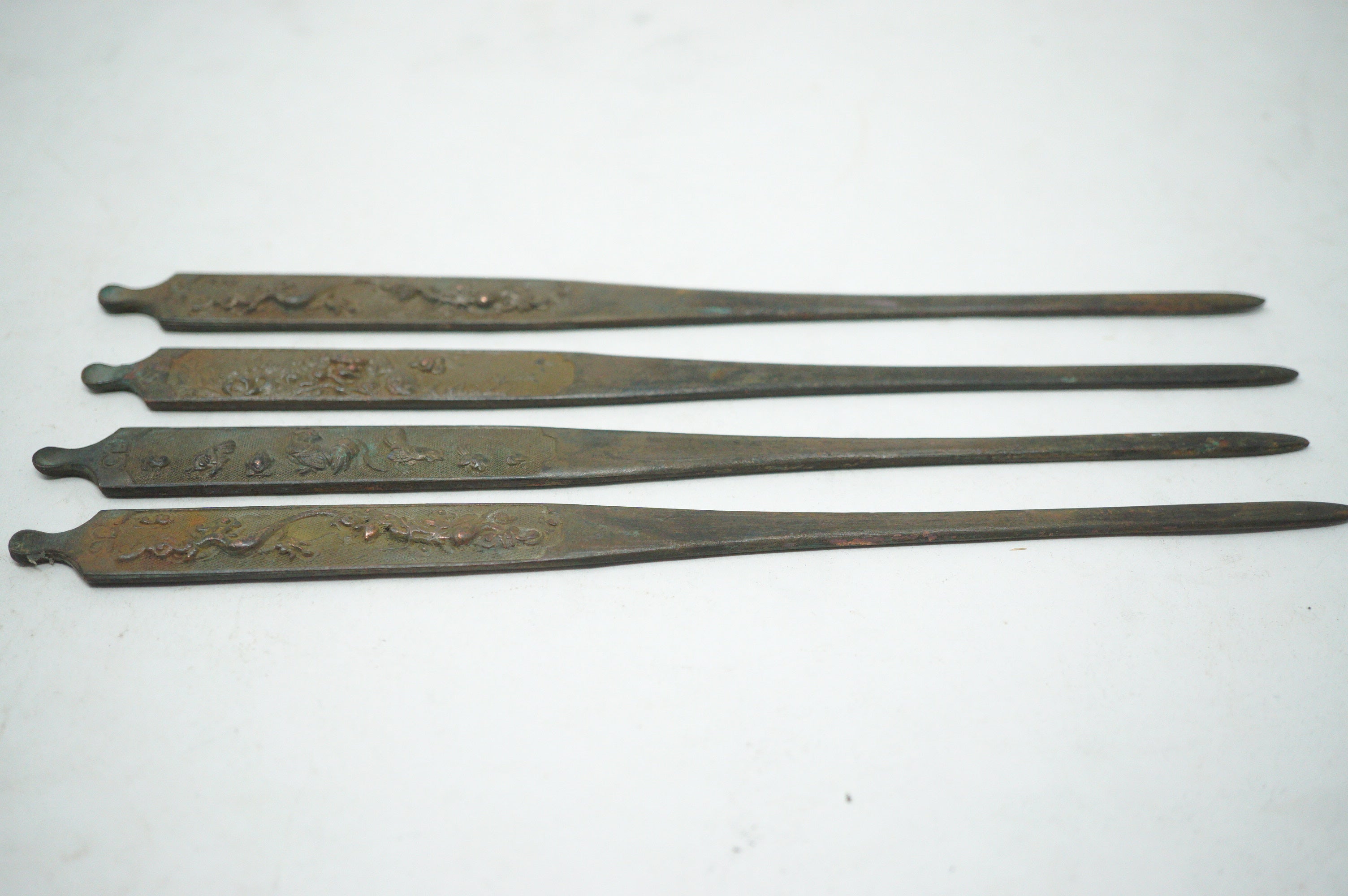 Antique Edo Period Copper Alloy Kōgai Set (4 Pcs) – Sword Fittings with Relief Motifs 0727G26