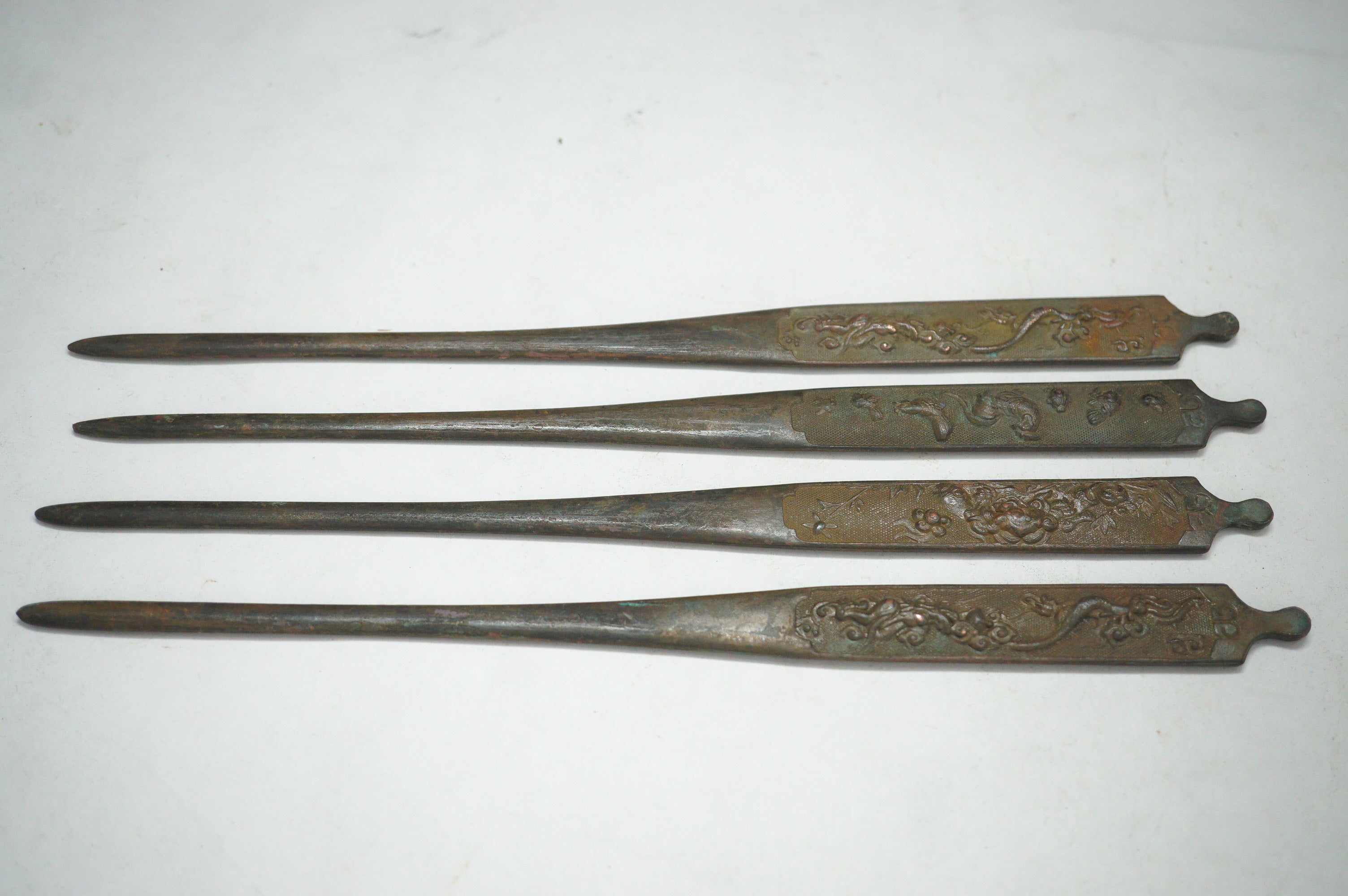 Antique Edo Period Copper Alloy Kōgai Set (4 Pcs) – Sword Fittings with Relief Motifs 0727G26