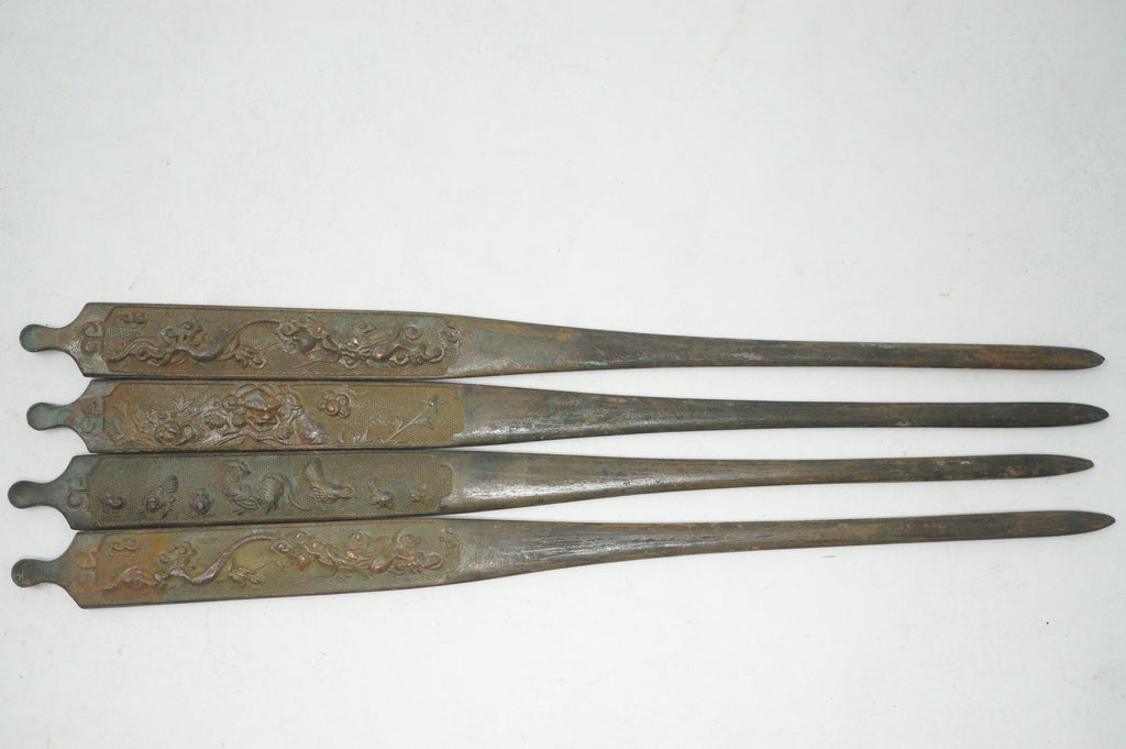 Antique Edo Period Copper Alloy Kōgai Set (4 Pcs) – Sword Fittings with Relief Motifs 0727G26