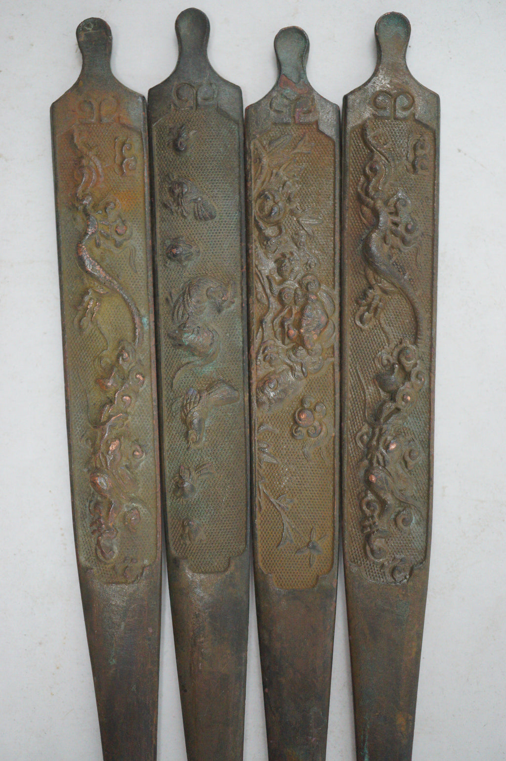 Antique Edo Period Copper Alloy Kōgai Set (4 Pcs) – Sword Fittings with Relief Motifs 0727G26