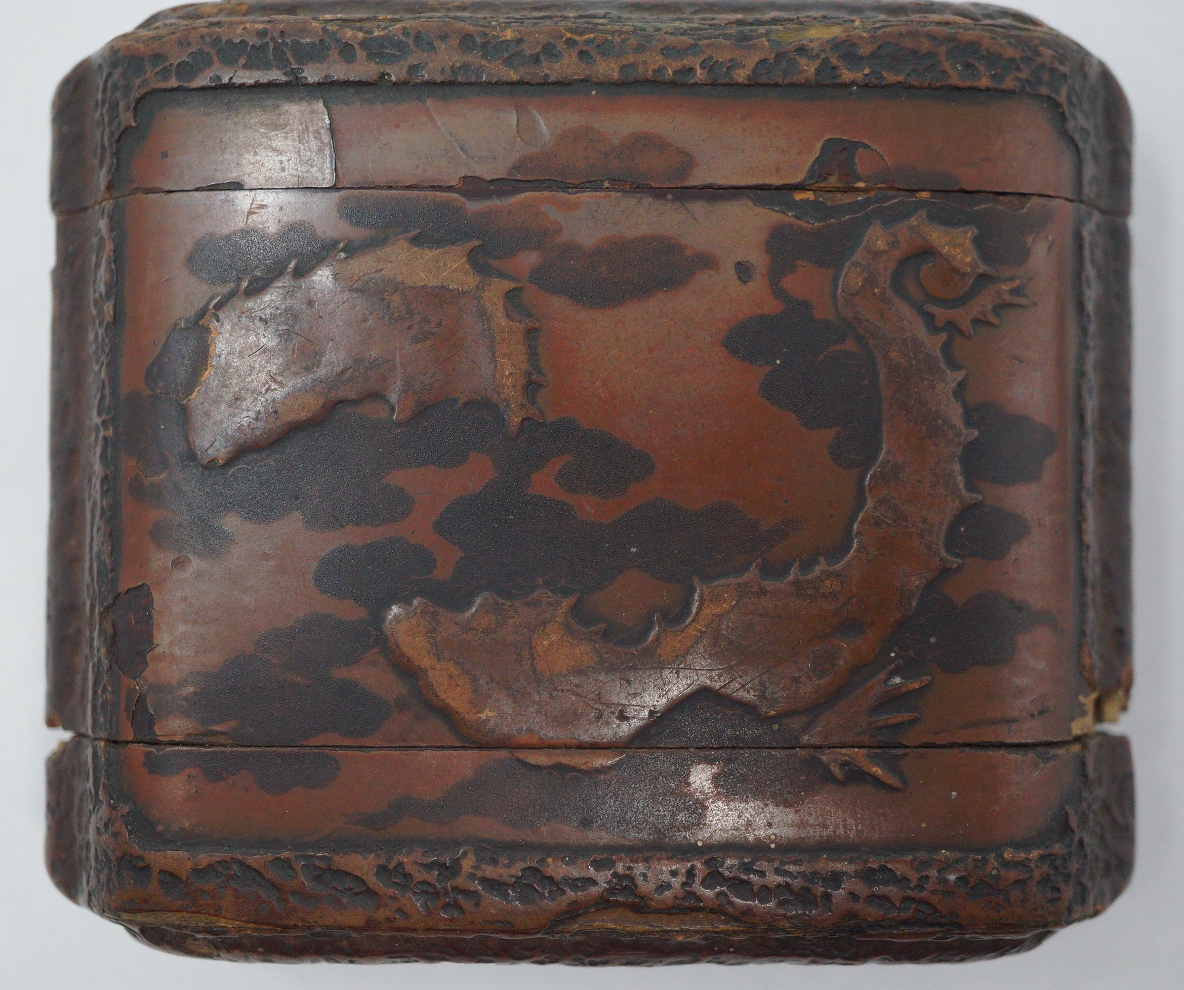 Japanische Inro-Box aus Holz, antikes Original mit einzigartigem Drachendesign und 2 Kammern 0618F27