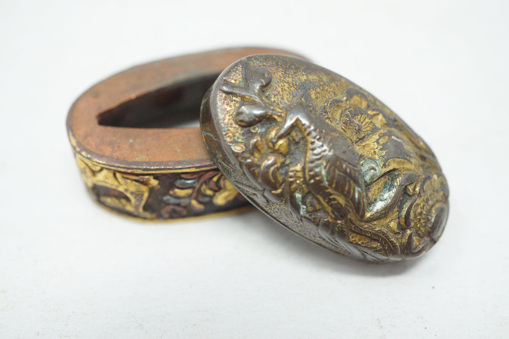 Edo Period Japanese Fuchi Kashira Handle Fittings Detailed Bird Flower Motif 0623G28