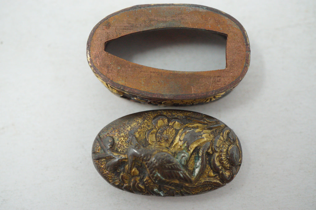 Edo Period Japanese Fuchi Kashira Handle Fittings Detailed Bird Flower Motif 0623G28