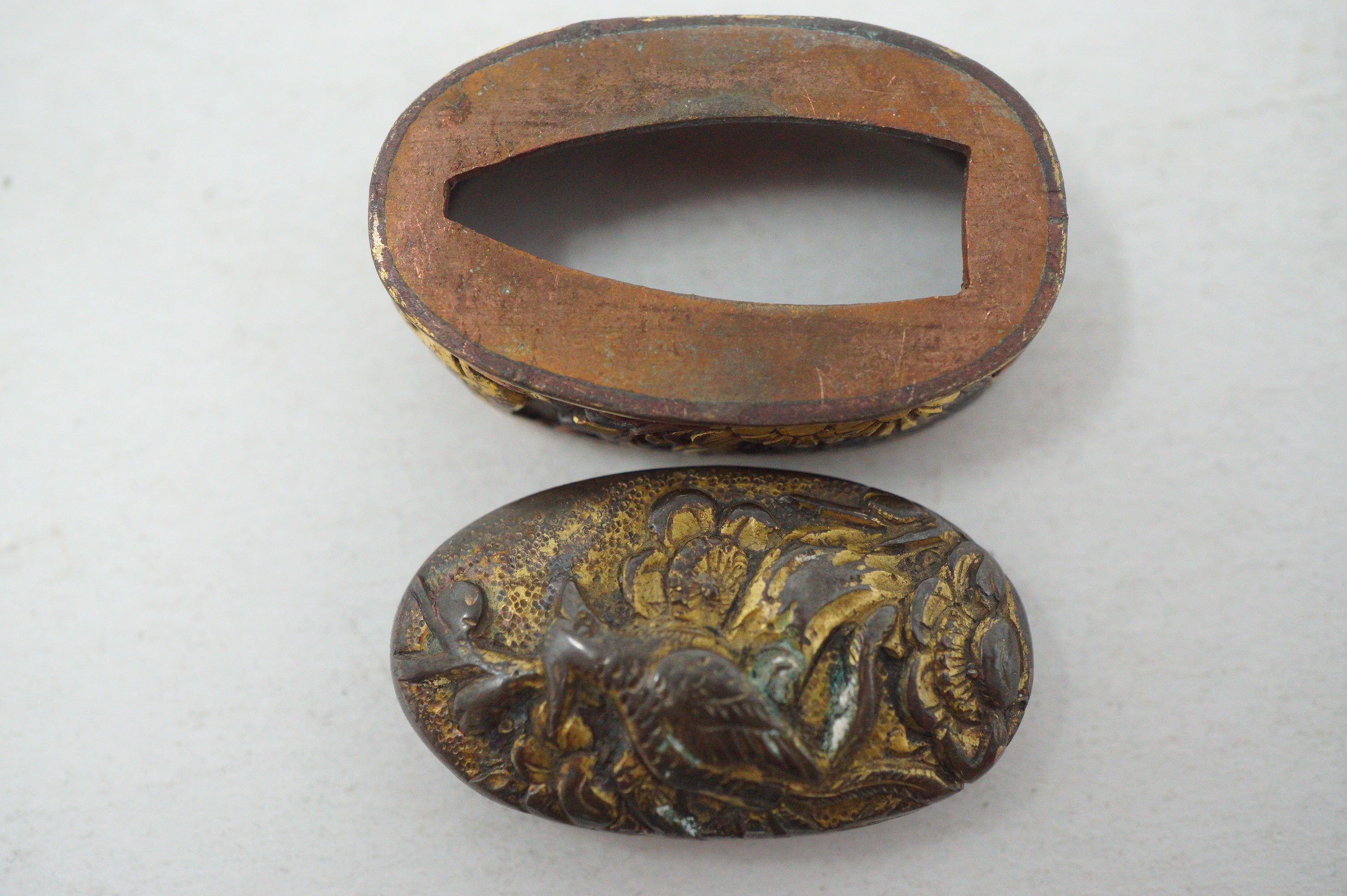 Edo Period Japanese Fuchi Kashira Handle Fittings Detailed Bird Flower Motif 0623G28