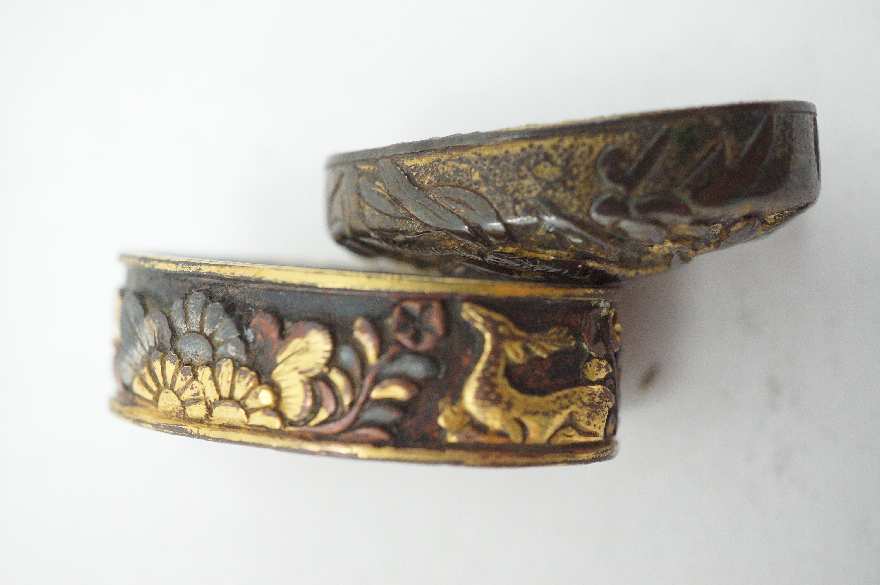Edo Period Japanese Fuchi Kashira Handle Fittings Detailed Bird Flower Motif 0623G28