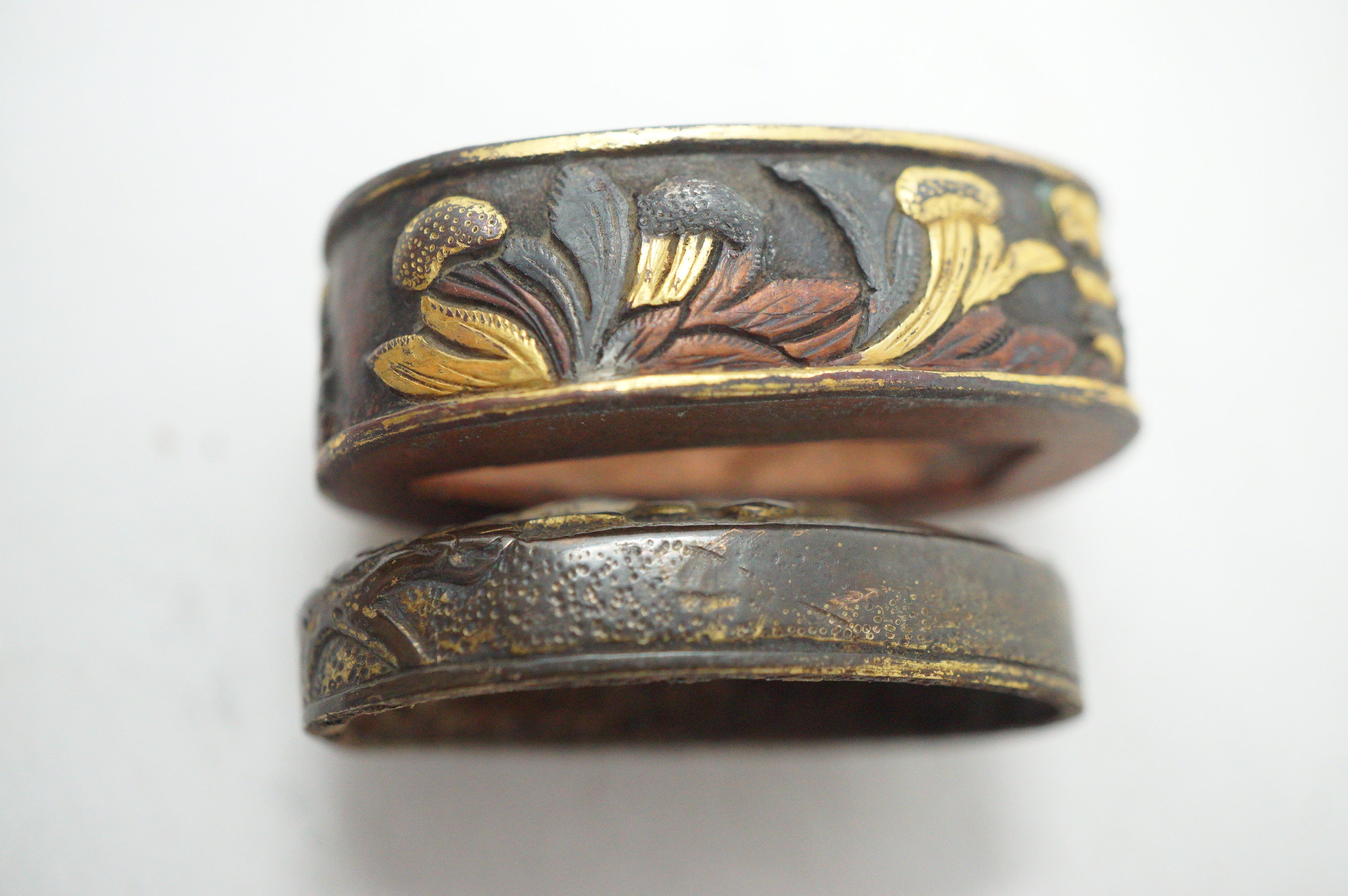 Edo Period Japanese Fuchi Kashira Handle Fittings Detailed Bird Flower Motif 0623G28