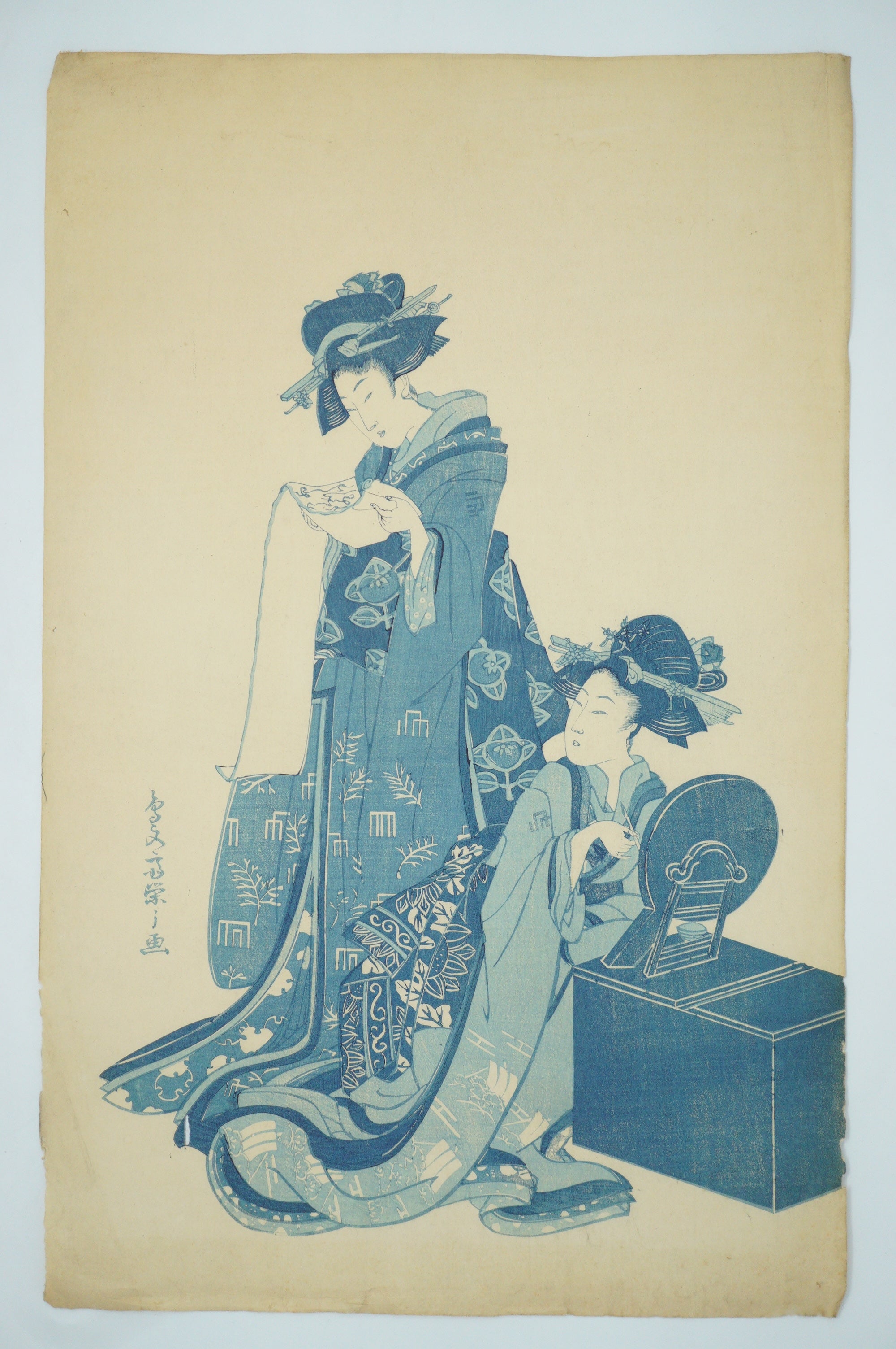 Japanese Quality Woodblock Reprint -Two Women by a Makeup Stand- by Hosoda Eishi 0822E29