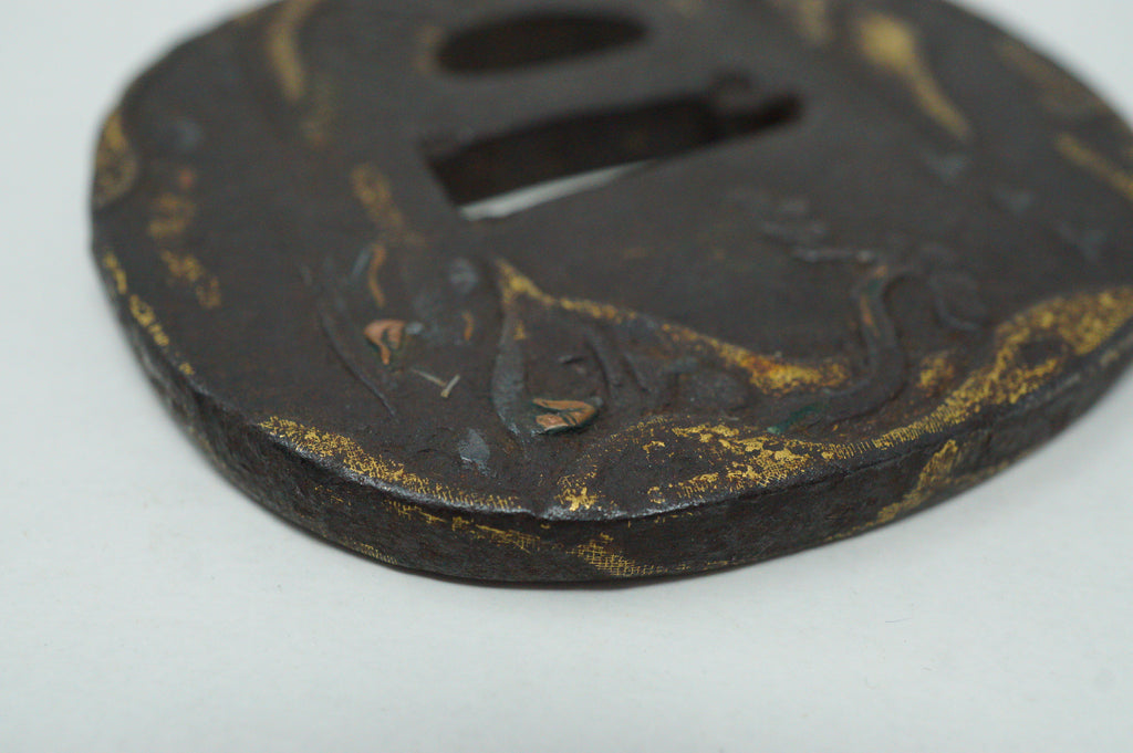 Japanese Tsuba Iron Sword Guard for Katana or Wakizashi Signed with Gold Leafe 1201F2