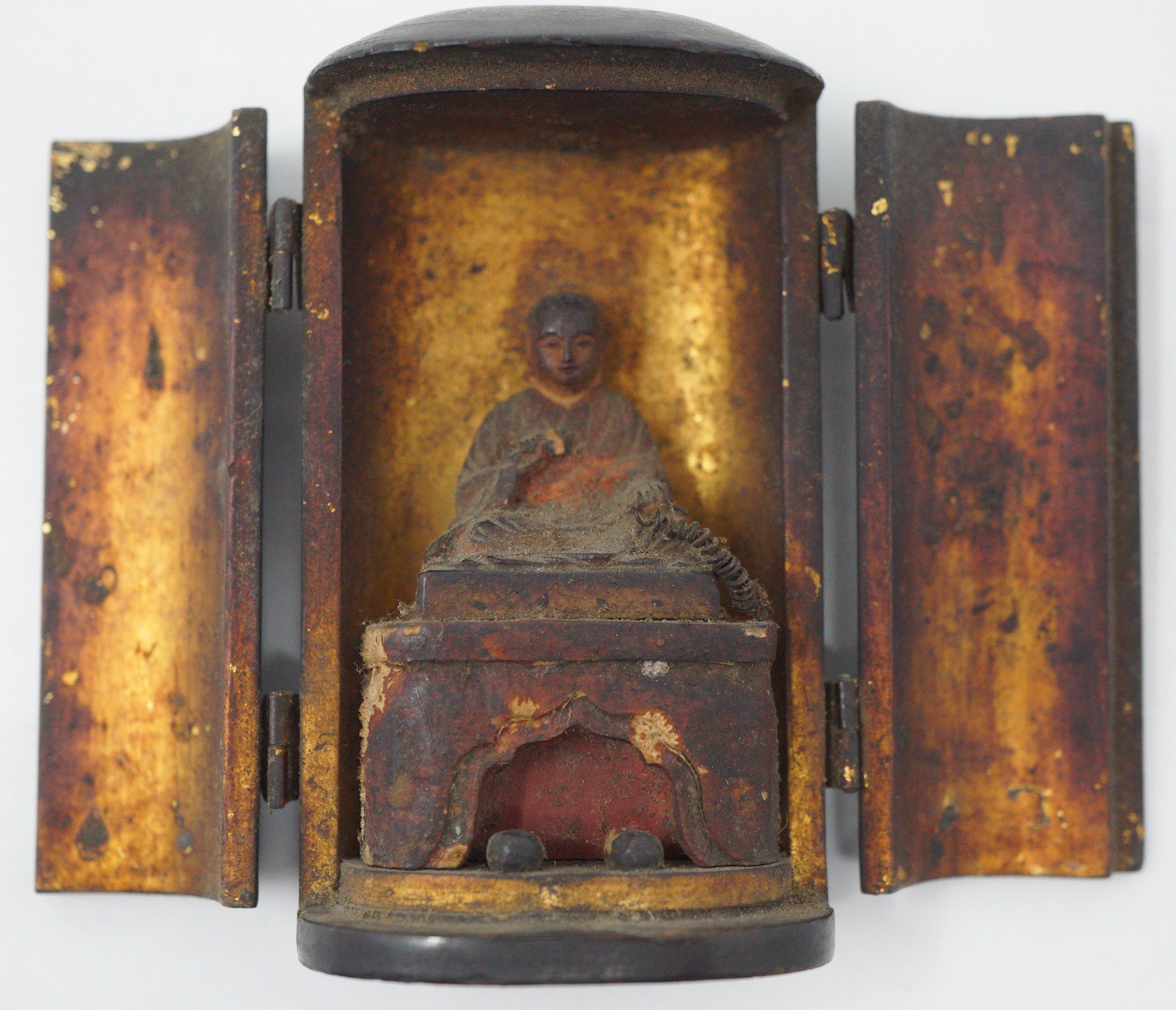 Japanese Buddhist Monk finely carved Antique Kobo Daishi in Mini Wooden House 1211F2
