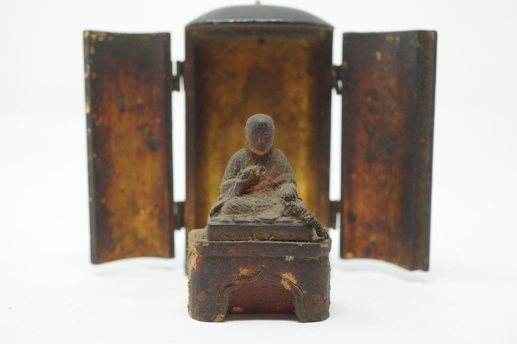 Japanese Buddhist Monk finely carved Antique Kobo Daishi in Mini Wooden House 1211F2